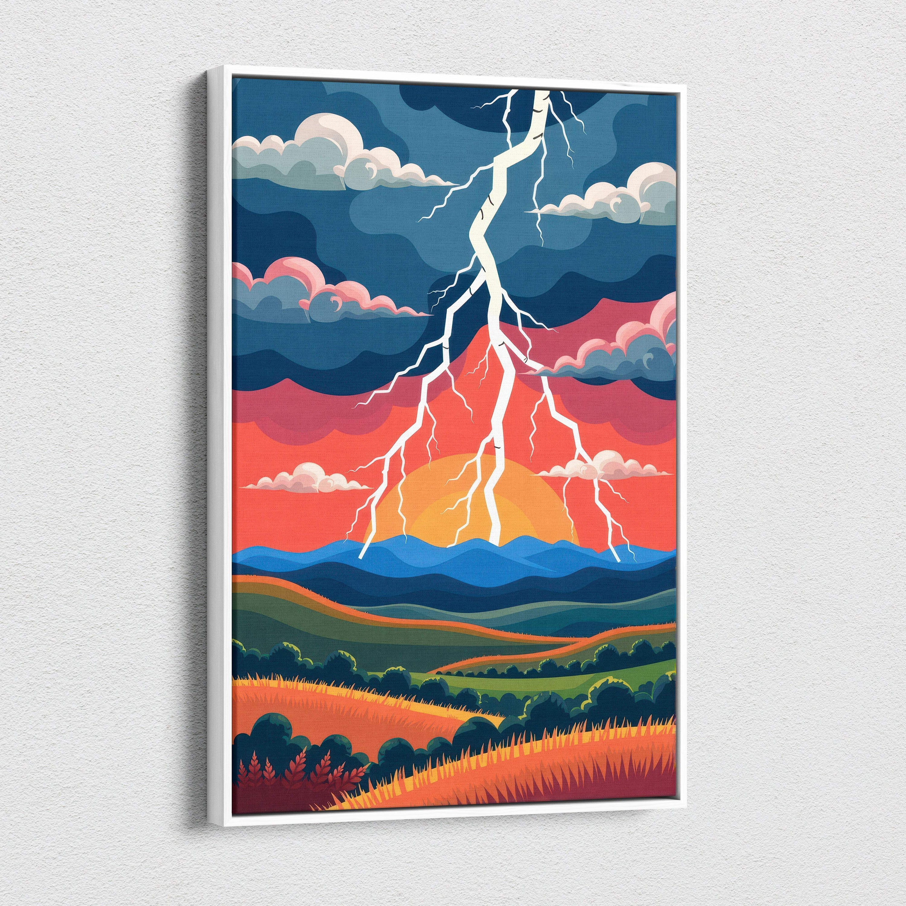 A framed stylized lightning storm landscape canvas art with vibrant sunset colors and dramatic thunderstorm for modern decor