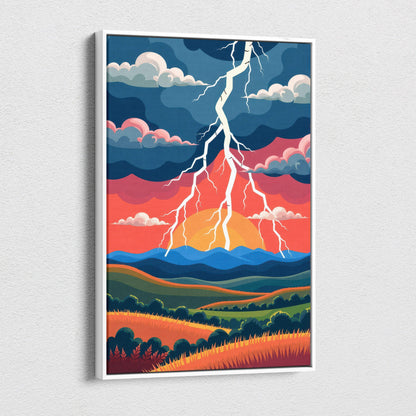A framed stylized lightning storm landscape canvas art with vibrant sunset colors and dramatic thunderstorm for modern decor