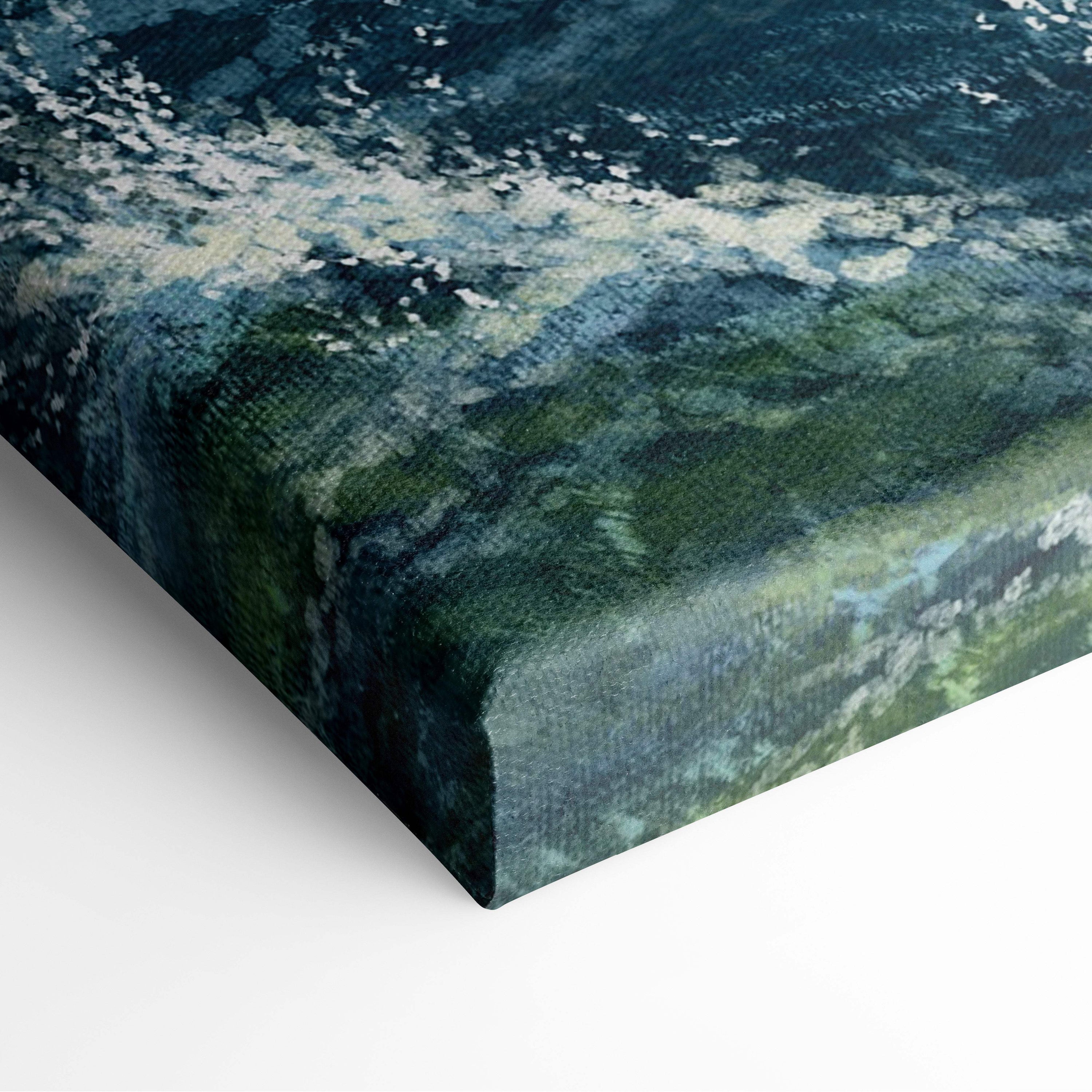 Coastal lighthouse seascape canvas print with textured abstract ocean waves in deep blues greens and white highlights