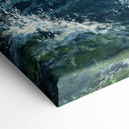 Coastal lighthouse seascape canvas print with textured abstract ocean waves in deep blues greens and white highlights