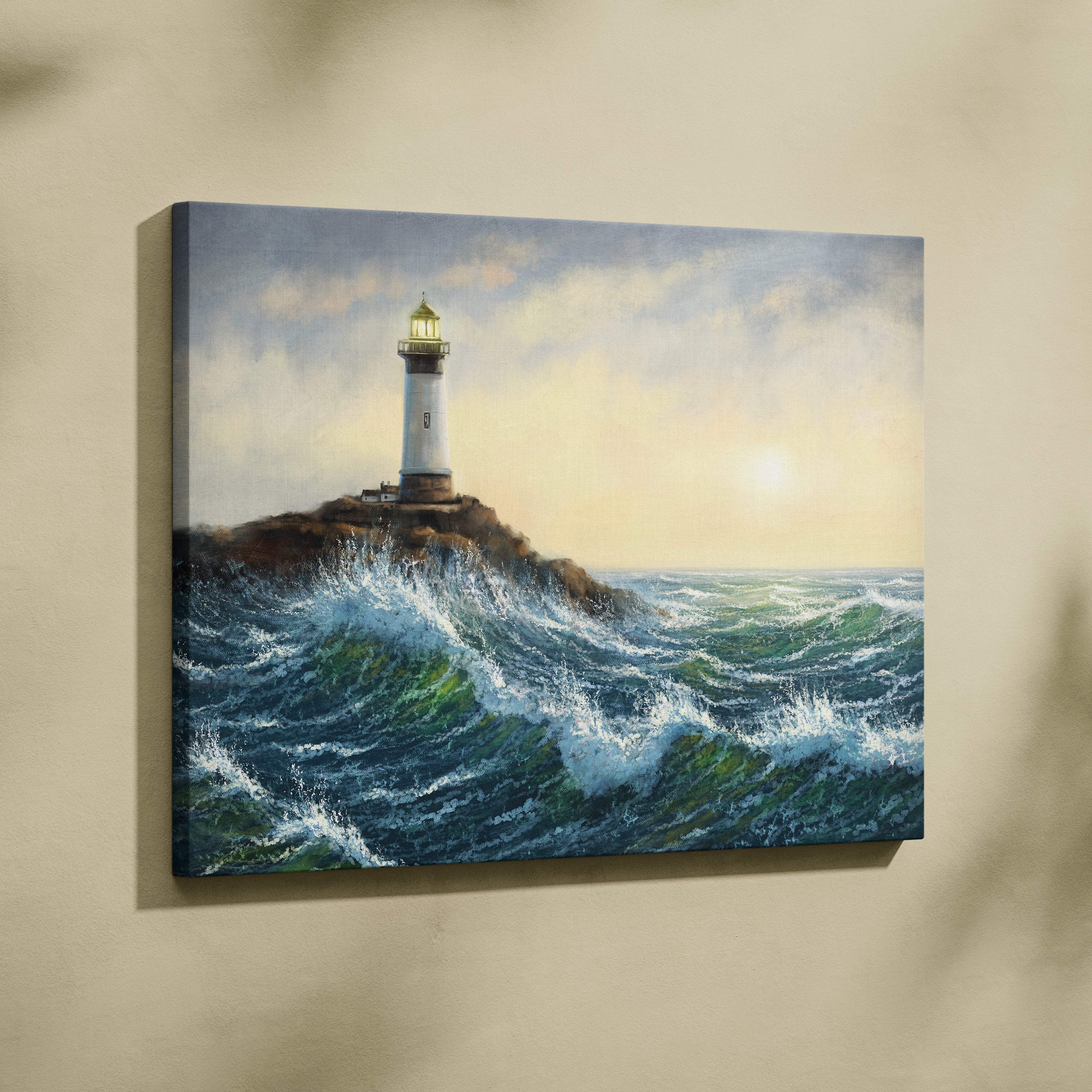 Coastal lighthouse seascape canvas print featuring a white lighthouse with gold lantern room and dramatic ocean waves