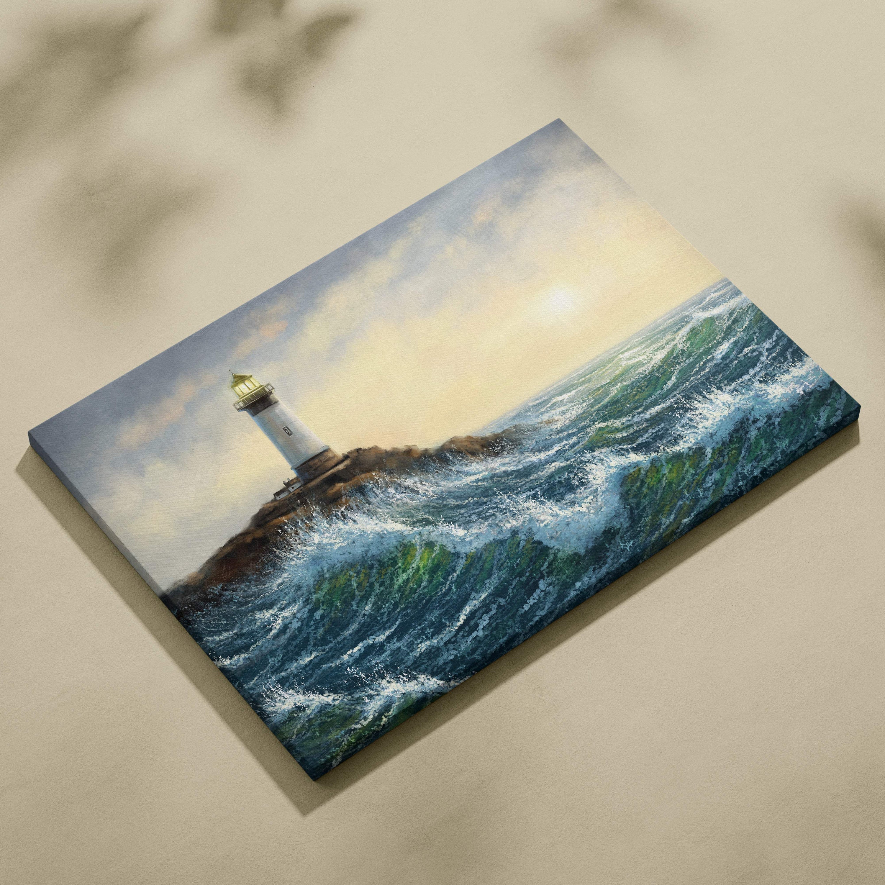 Coastal lighthouse seascape rectangular canvas print featuring a white lighthouse with gold top and turbulent ocean waves