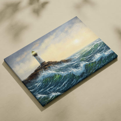 Coastal lighthouse seascape rectangular canvas print featuring a white lighthouse with gold top and turbulent ocean waves
