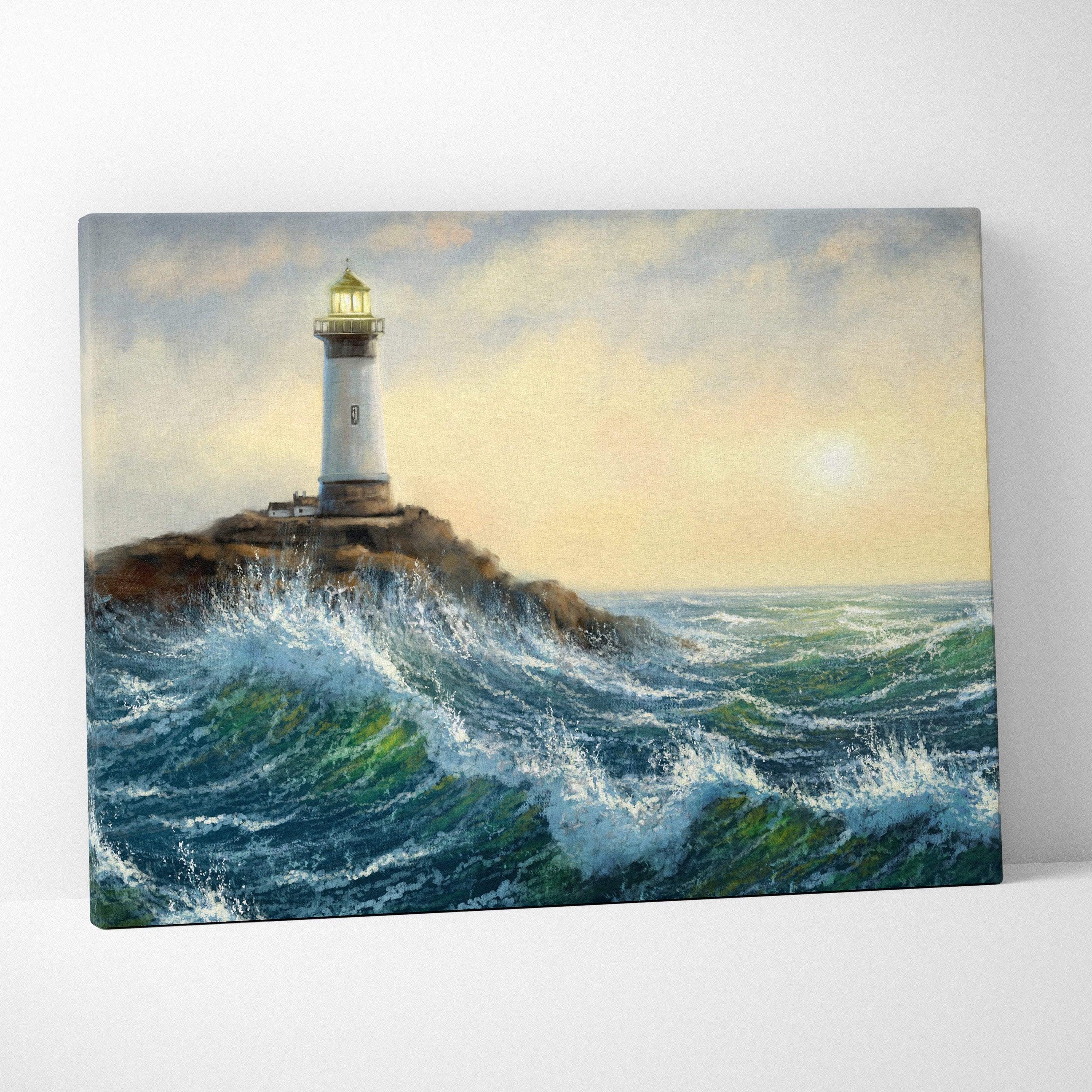 Coastal lighthouse seascape painting style wall art shows a white lighthouse with golden lantern glowing at sunset