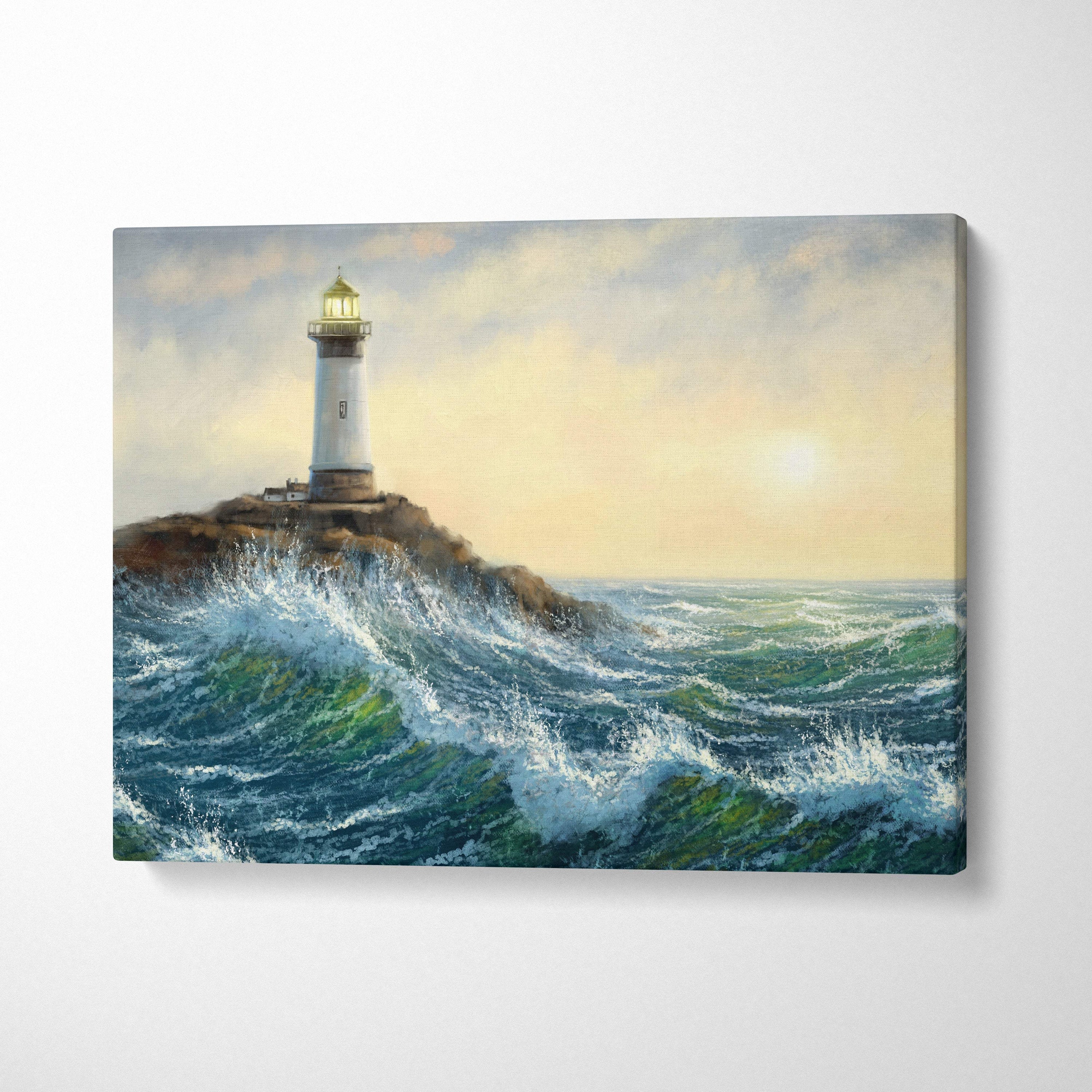 Coastal lighthouse seascape painting style wall art features a white lighthouse with gold lantern on rocky shore
