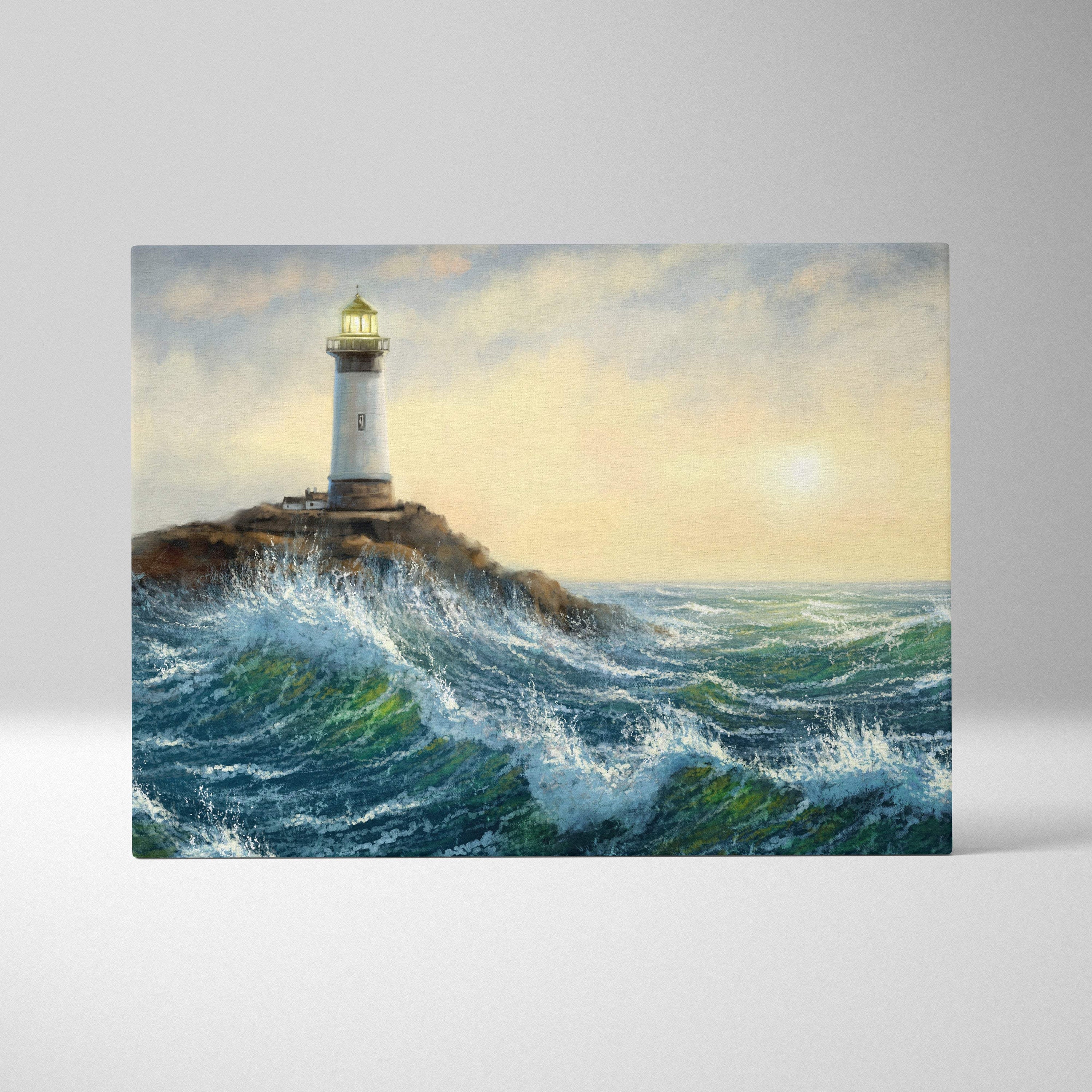Coastal lighthouse seascape canvas print featuring a white lighthouse with gold lantern on rugged rocks at sunrise