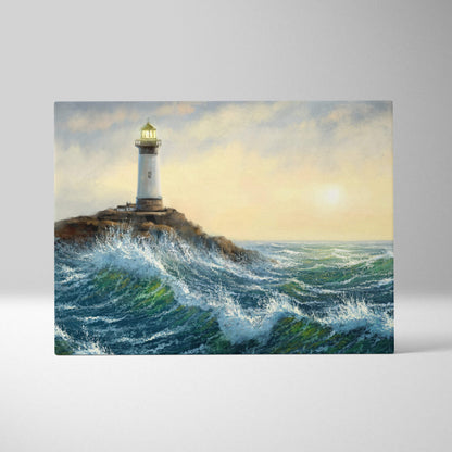 Coastal lighthouse seascape canvas print featuring a white lighthouse with gold lantern on rugged rocks at sunrise
