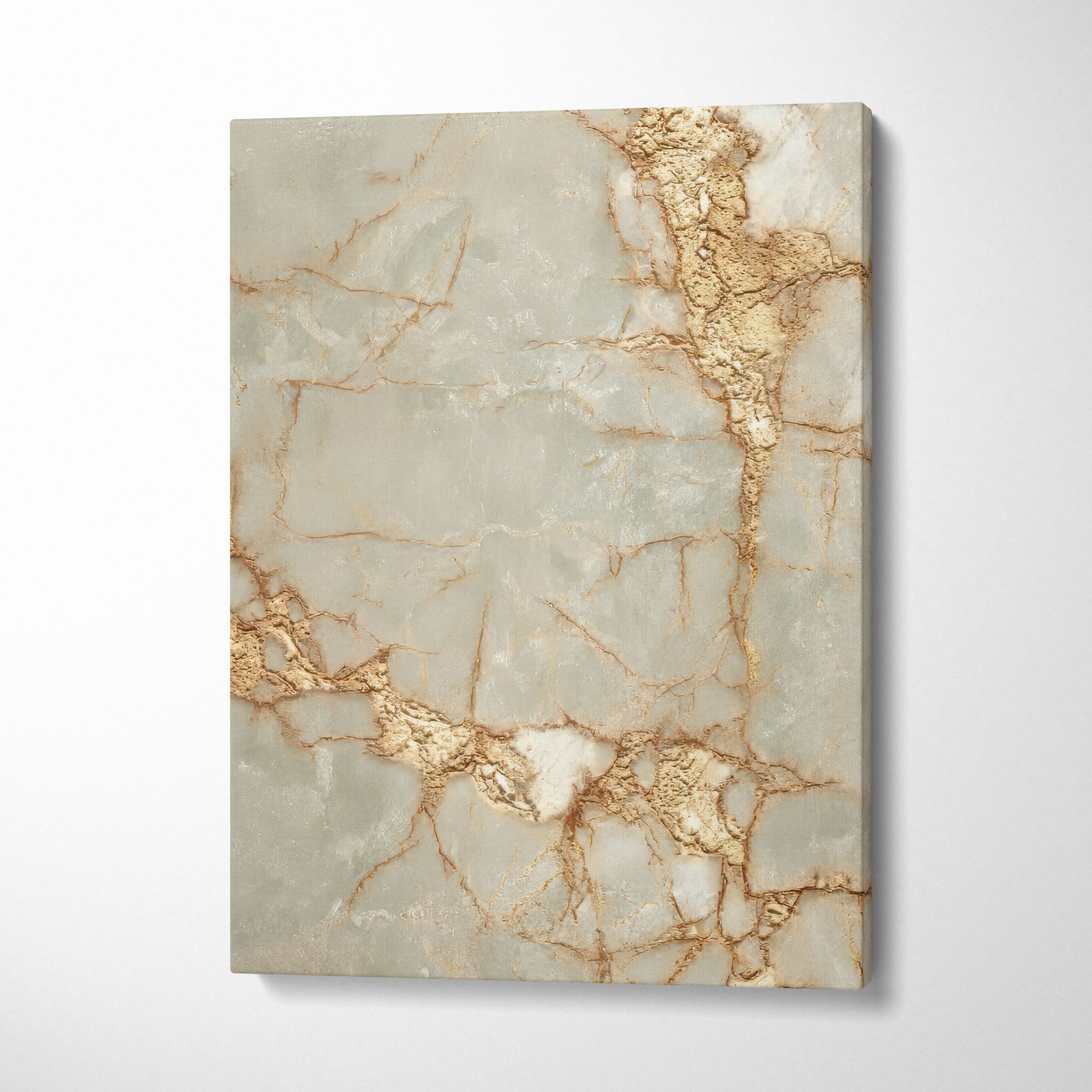 Abstract canvas wall art featuring marble-inspired light gray background with gold metallic veins.
