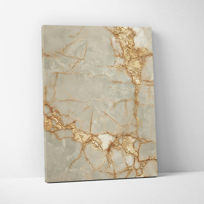 Abstract canvas wall art with gold and beige marble-like cracks on a pale gray background.