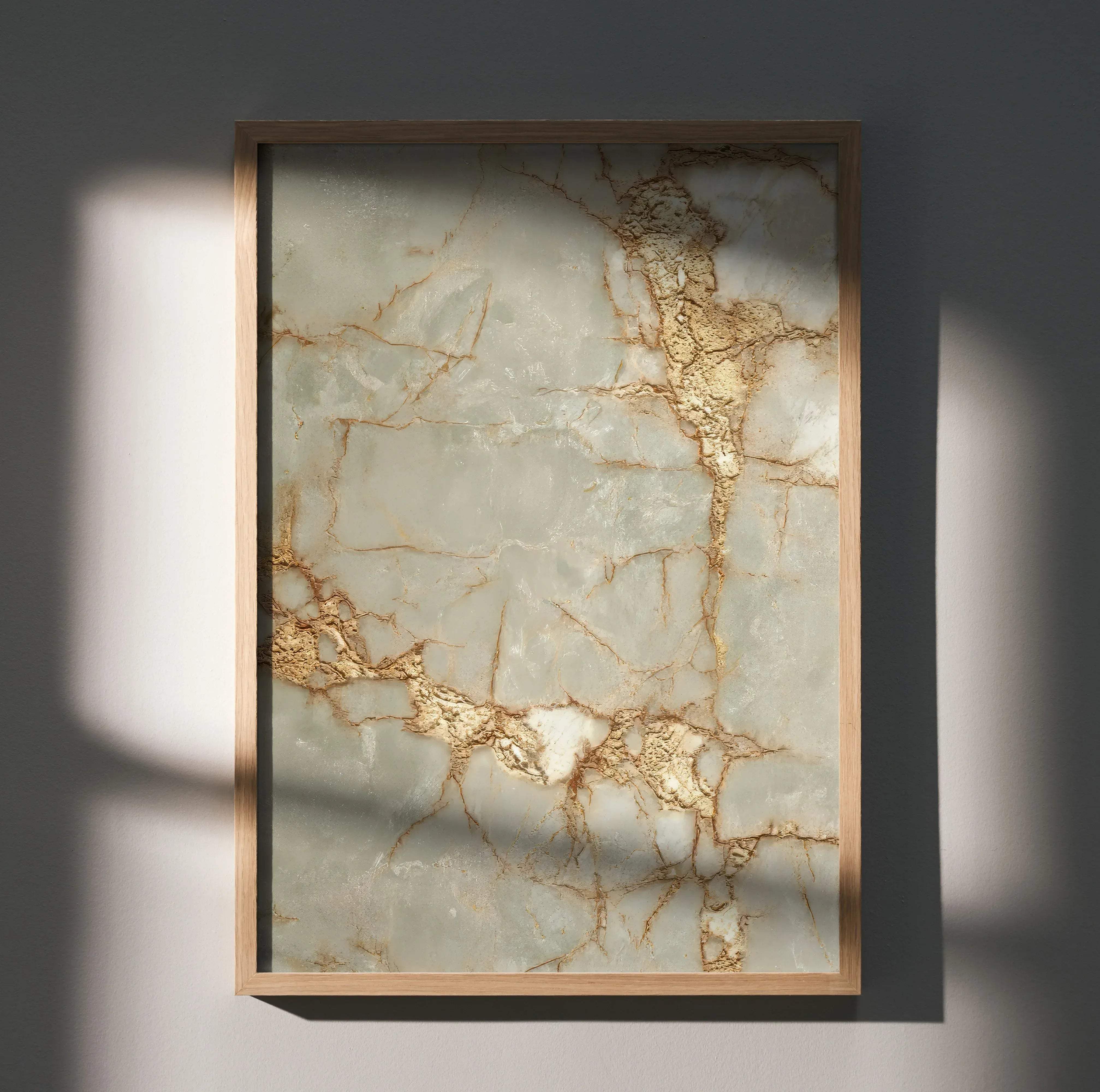 A stunning abstract digital art poster print with light green marble texture and golden veining in a wooden frame