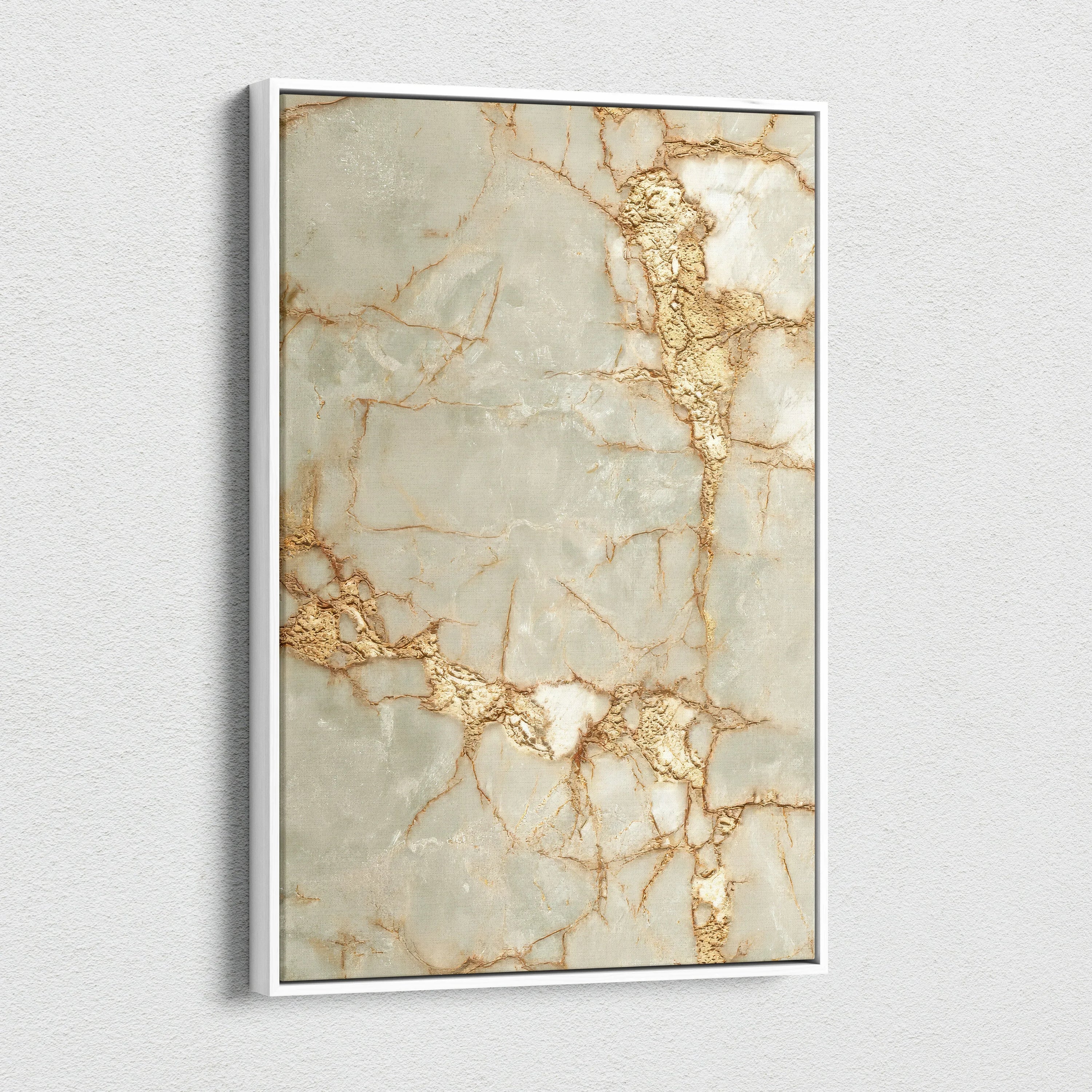 Abstract canvas wall art with gold and beige marble texture in vertical orientation.