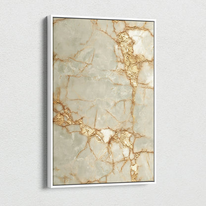 Abstract canvas wall art with gold and beige marble texture in vertical orientation.