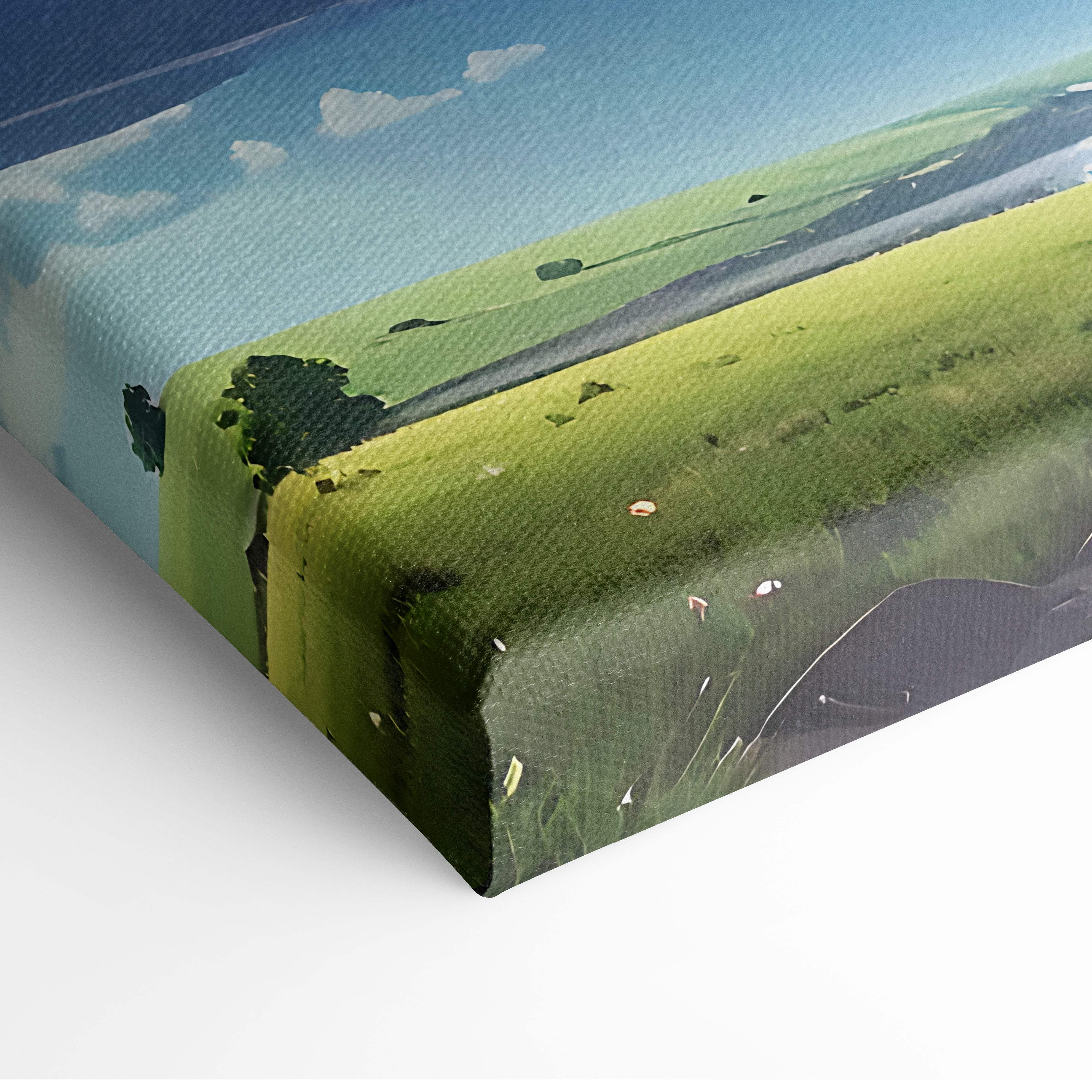 Textured canvas print of a vibrant green field under blue sky with clouds for modern home decor wall art