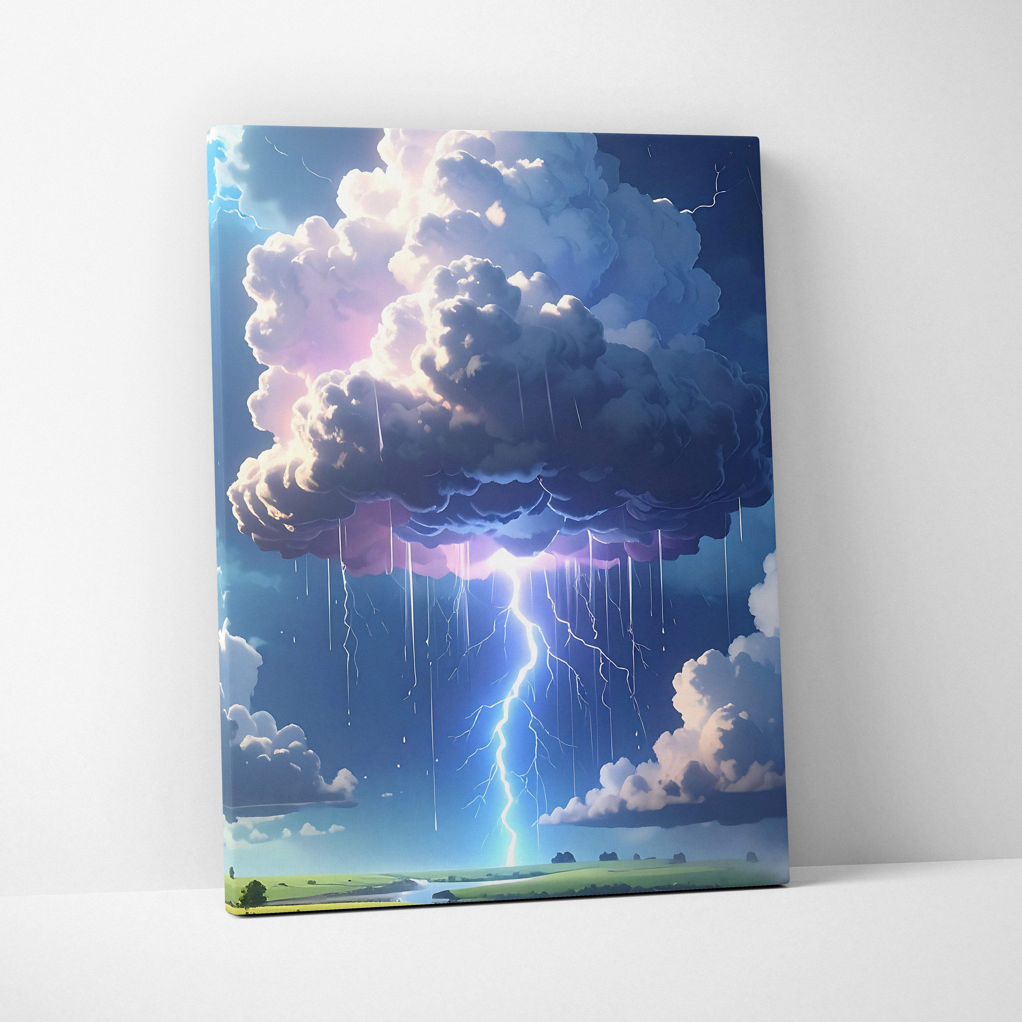 A vibrant canvas print of a dramatic purple and blue lightning storm cloud over green landscape for home decor