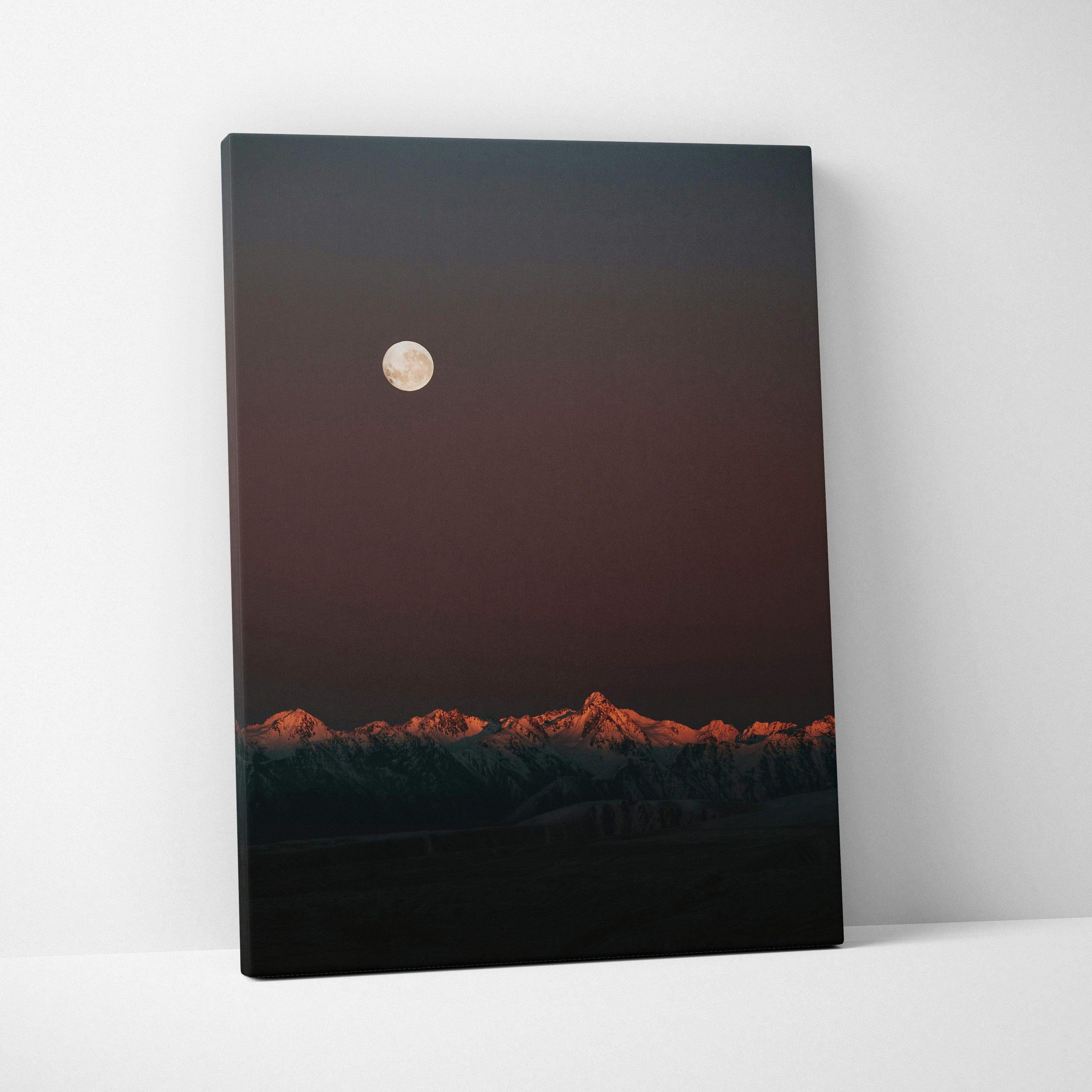 Mountain landscape canvas wall art with a full moon and dark twilight sky.