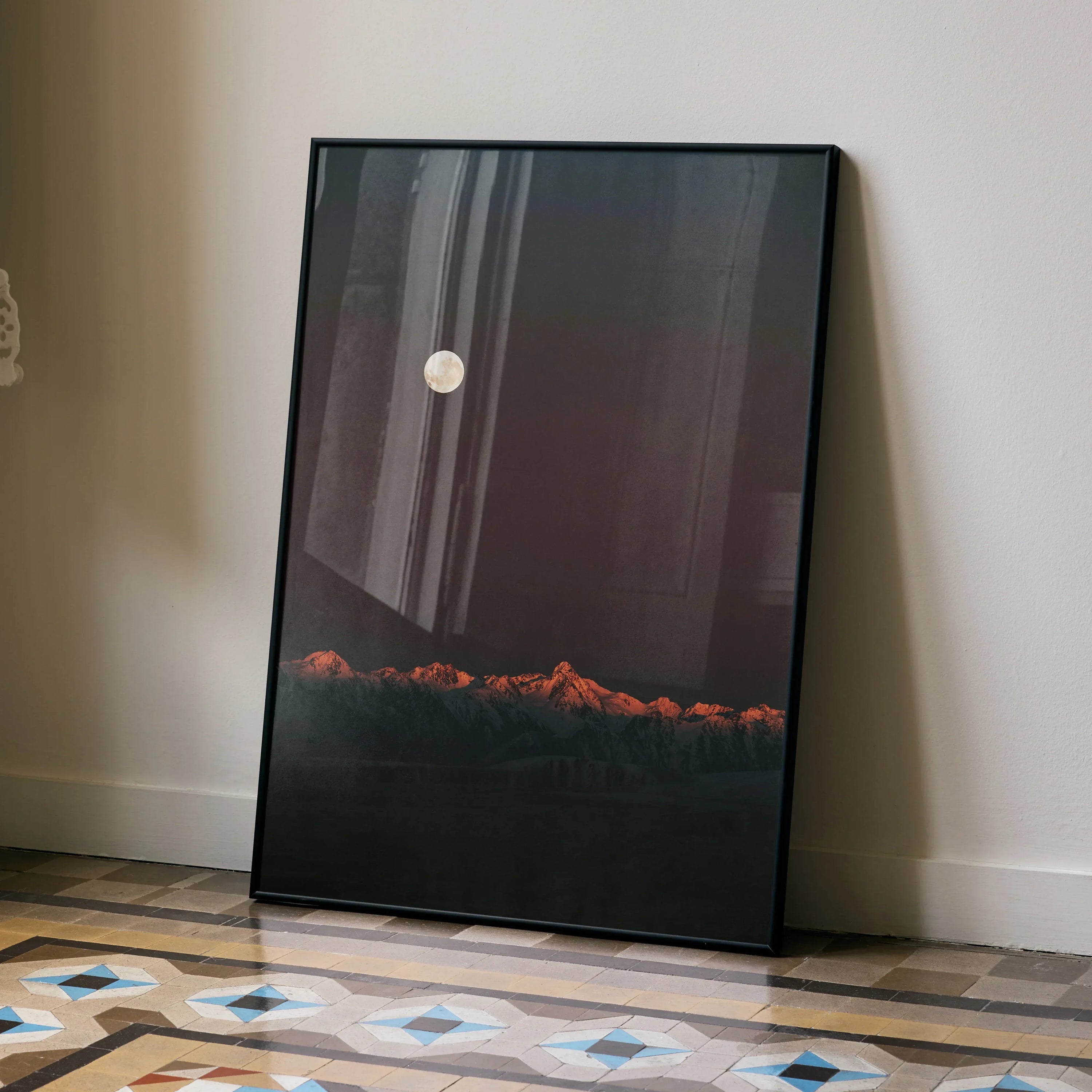 Dusk mountain landscape poster with moonlit sky and glowing peaks wall art print.