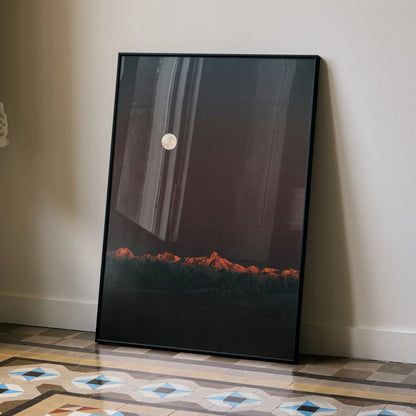 Dusk mountain landscape poster with moonlit sky and glowing peaks wall art print.
