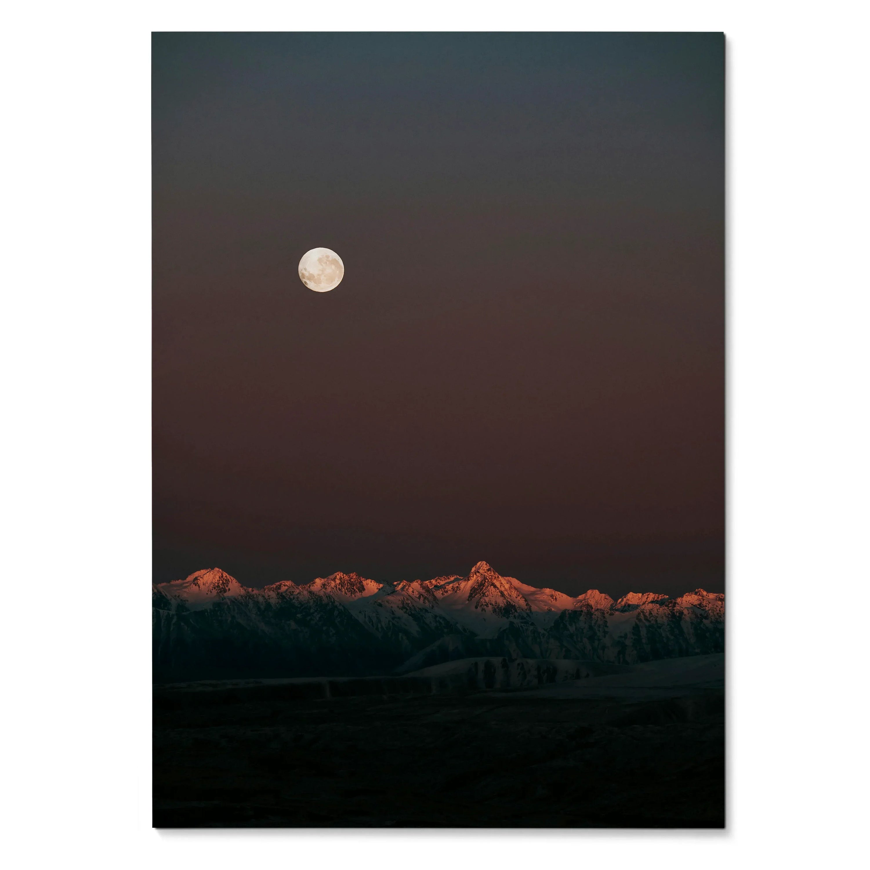 Vertical poster featuring dusk mountain range with glowing peaks under a full moon, nature wall art.
