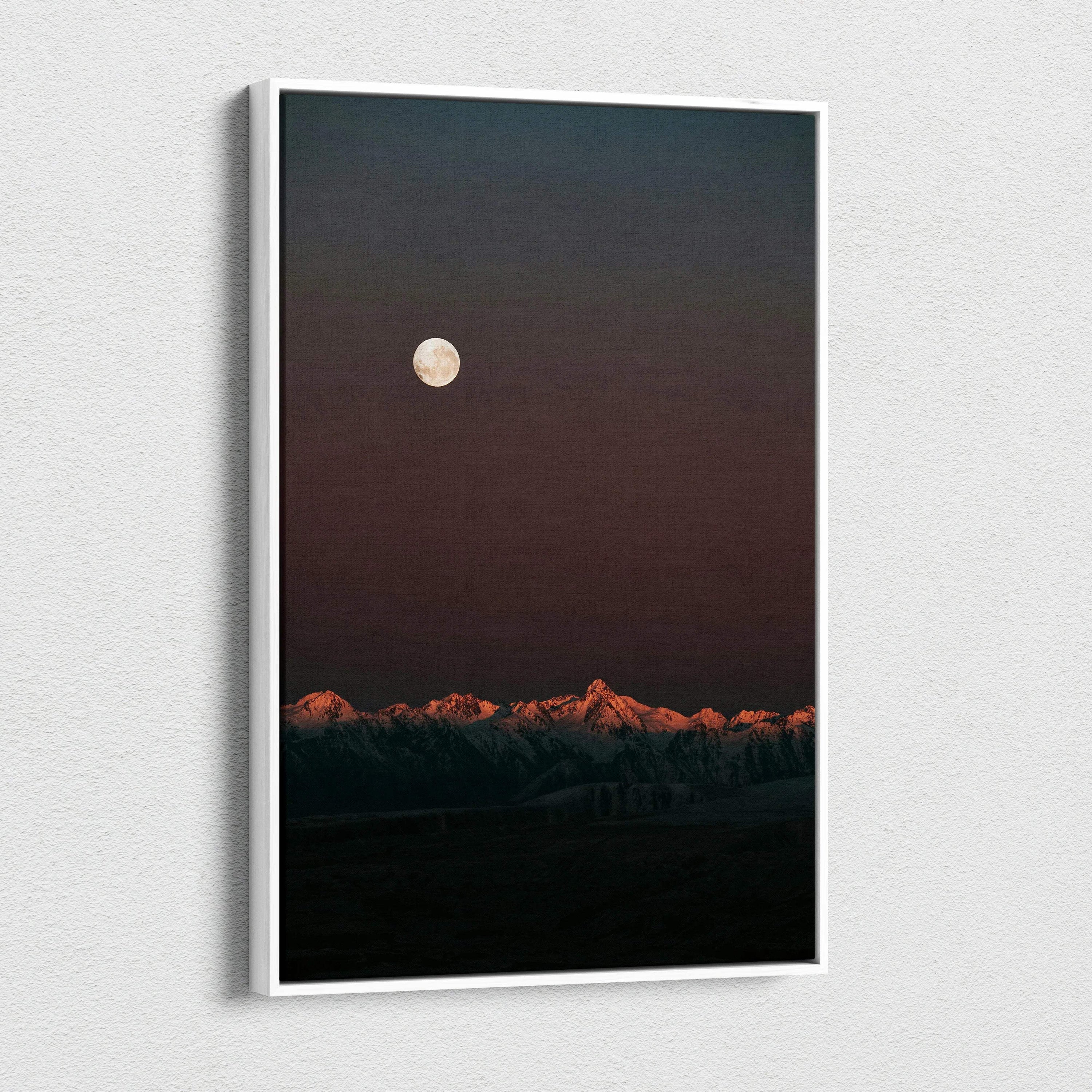 Vertical canvas wall art featuring a dark mountain landscape under a full moon at night.