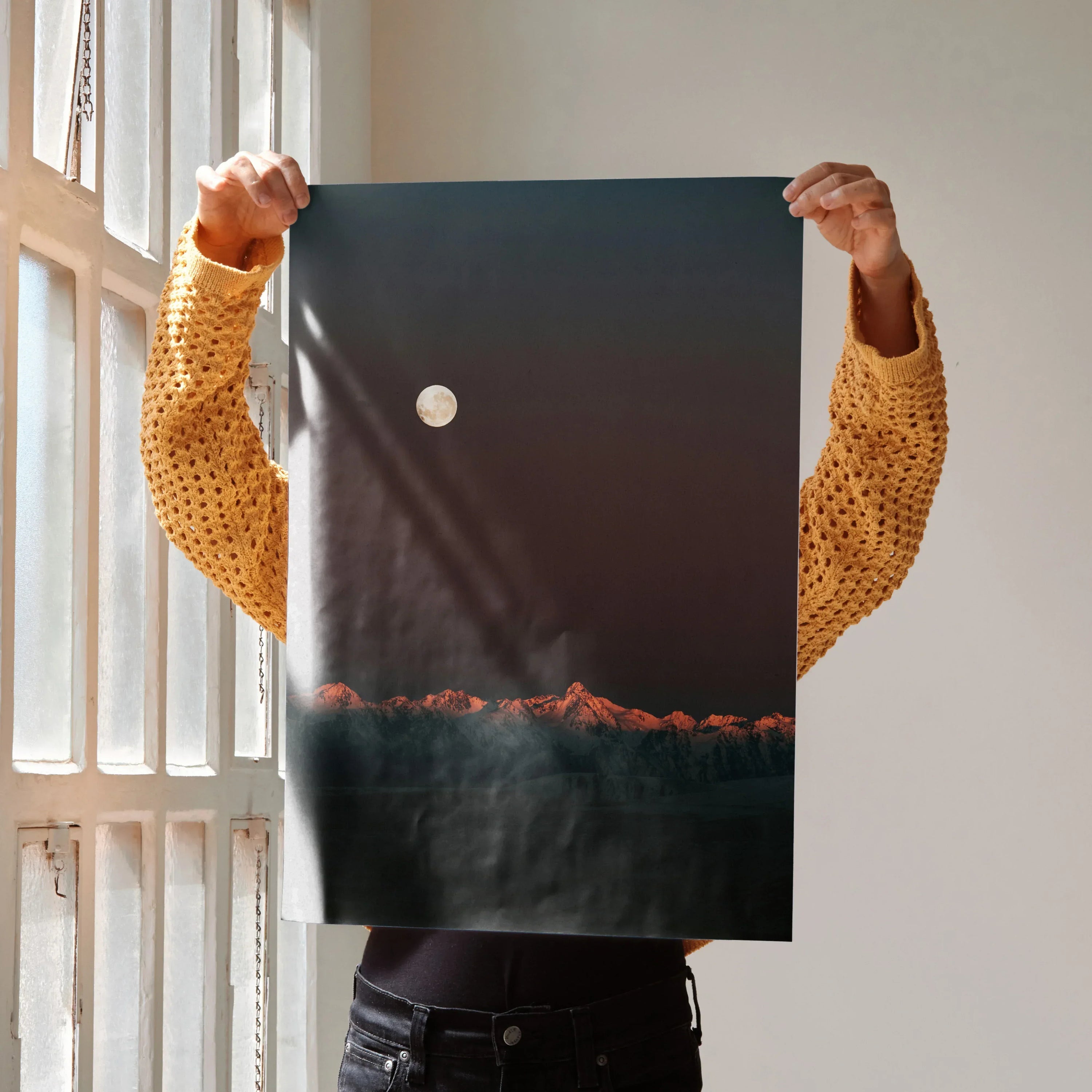 Vertical poster wall art featuring dusk mountain silhouette with moonlit sky and glowing red horizon.