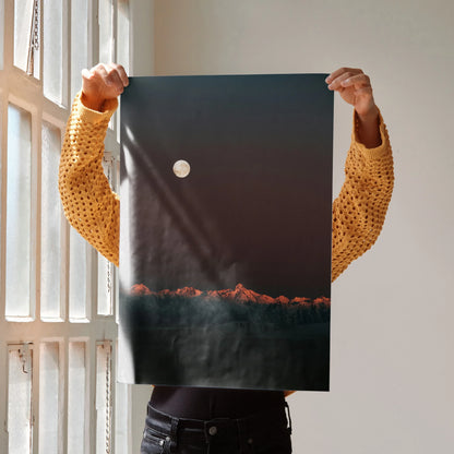 Vertical poster wall art featuring dusk mountain silhouette with moonlit sky and glowing red horizon.