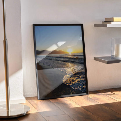 Vertical beach sunset poster with golden sky and calm waves, modern wall art.