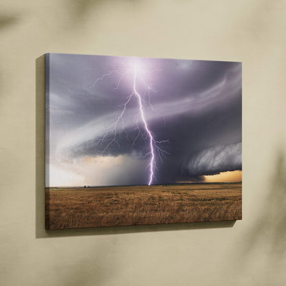 Canvas print of a dramatic lightning strike with purple and white bolts over dark storm clouds and golden brown grassland