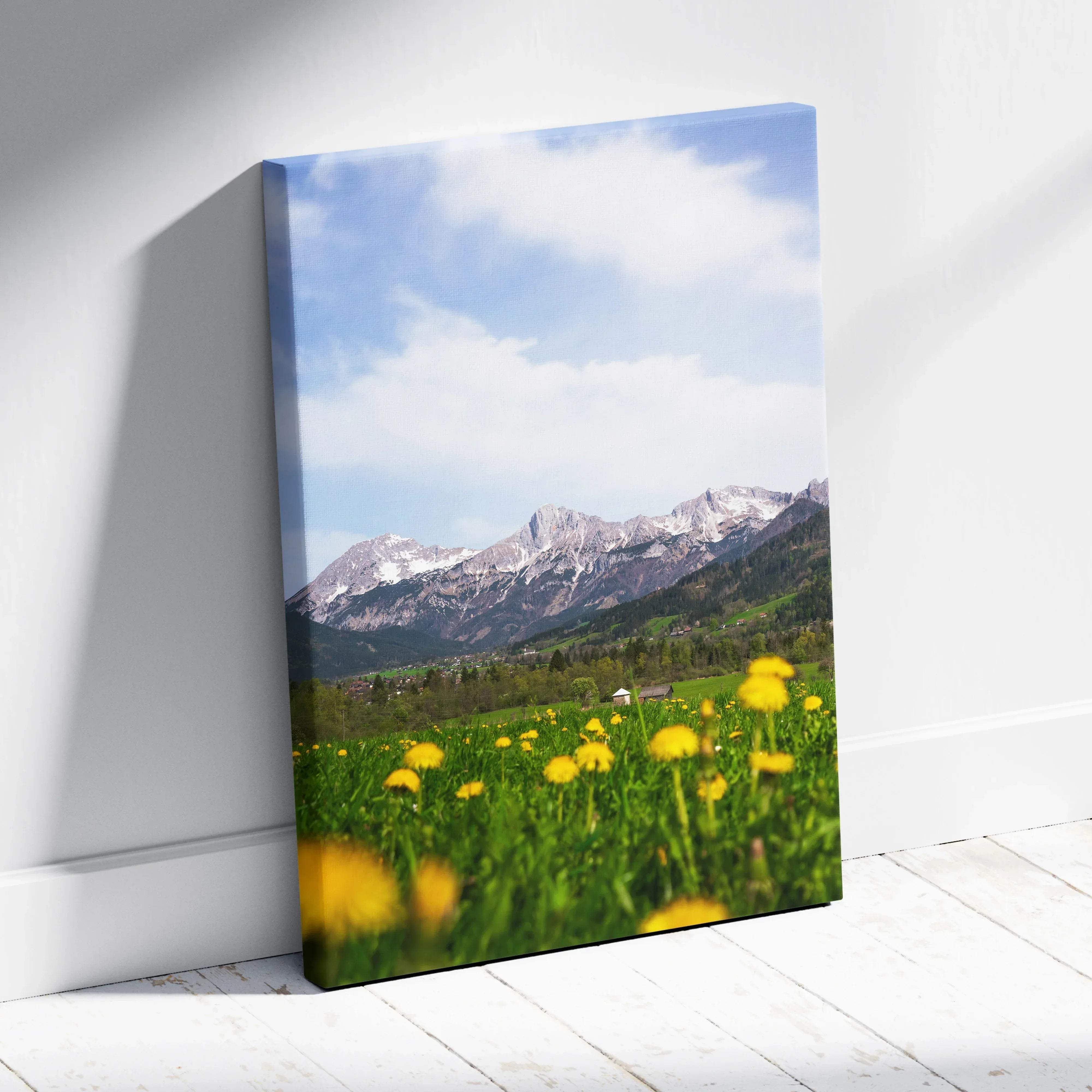 Vibrant mountain landscape canvas wall art with snow-capped peaks green fields and blue sky for serene decor