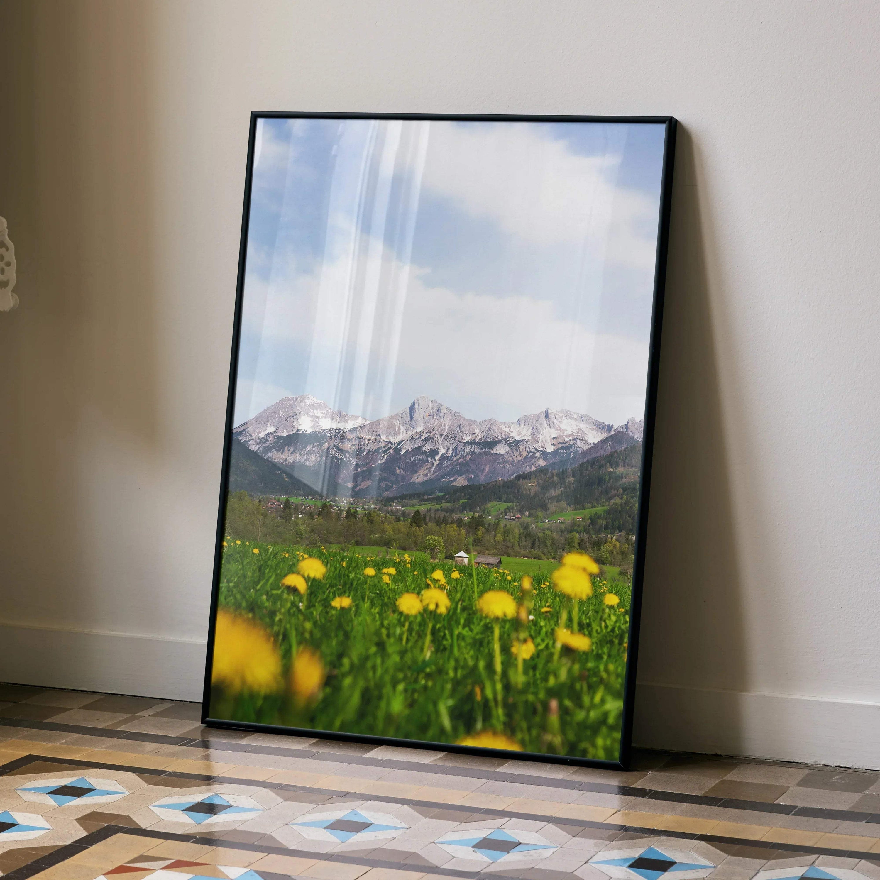Vertical mountain and wildflower nature poster with vivid green field and blue sky wall art.