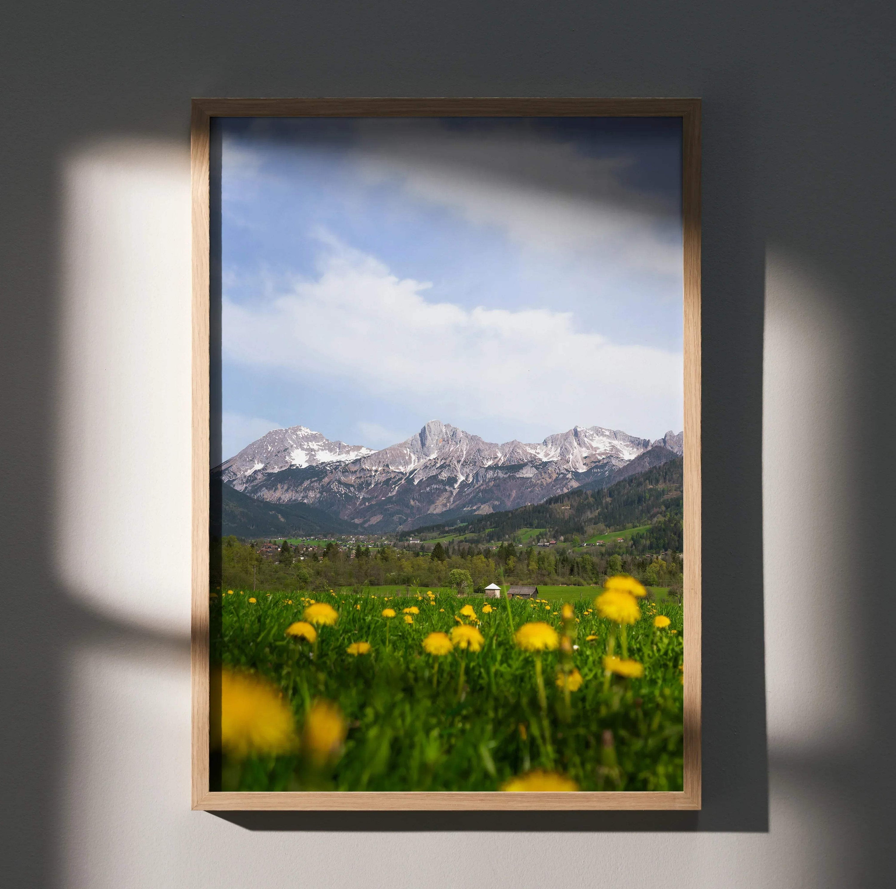 Majestic mountain landscape poster with wildflowers in foreground, vertical wall art print.