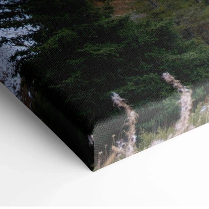 Canvas wall art featuring detailed textured close-up of snow-capped mountains and green forest.
