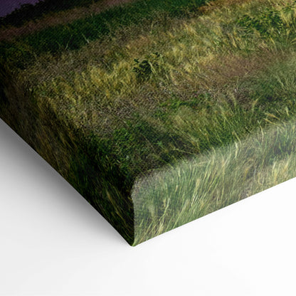 Dramatic lightning storm canvas art featuring textured tall grass in green and brown with purple pink sky and electric bolt