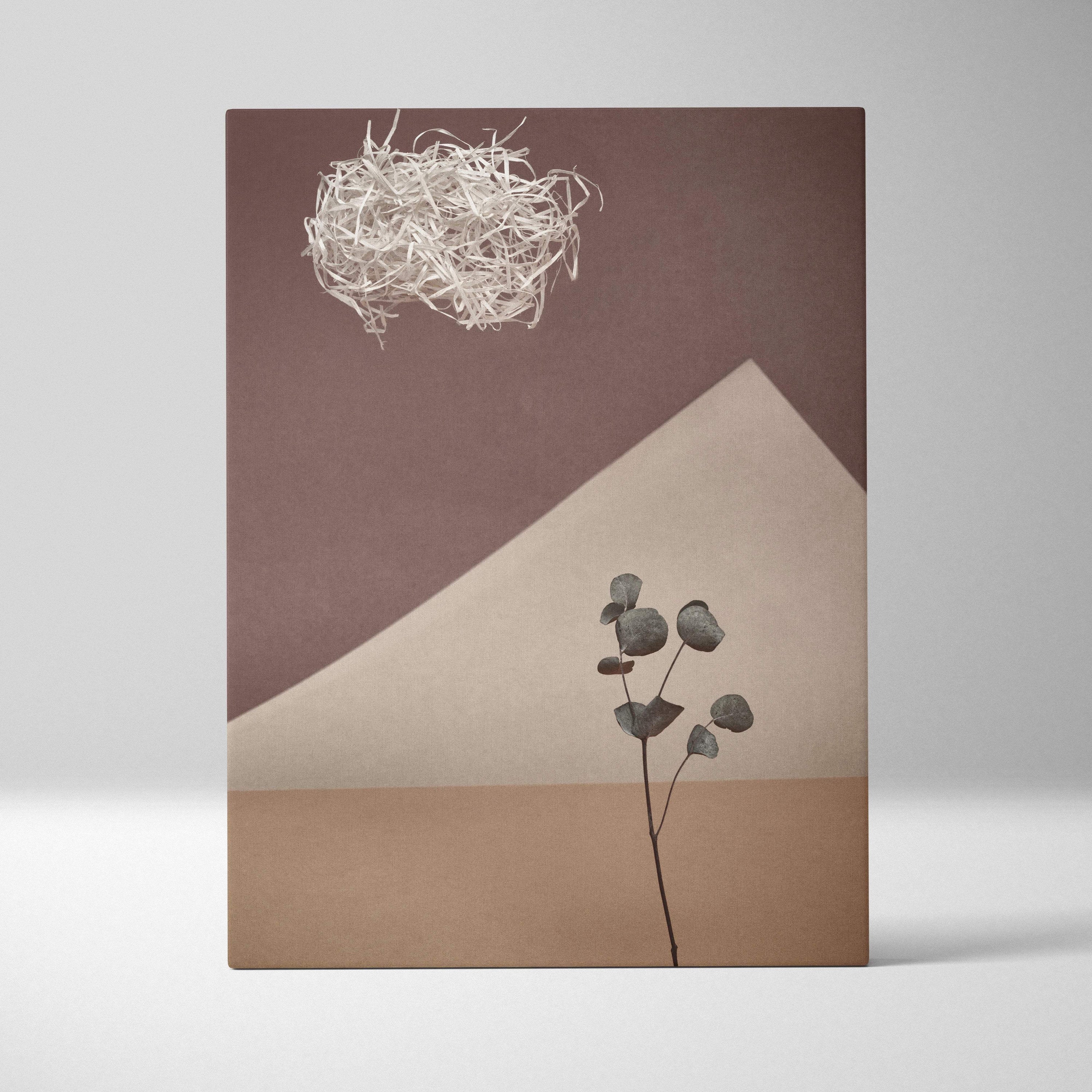 Minimalist canvas print of a dried eucalyptus branch with gray leaves on geometric brown and beige planes for modern decor