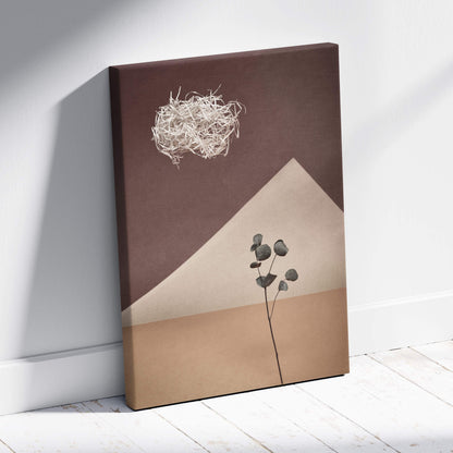 Brown canvas wall art with minimalist geometric shapes and eucalyptus branch on textured abstract background