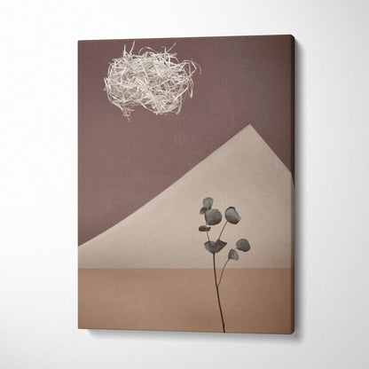 Contemporary neutral botanical canvas wall art featuring a dried eucalyptus branch on brown and beige geometric planes