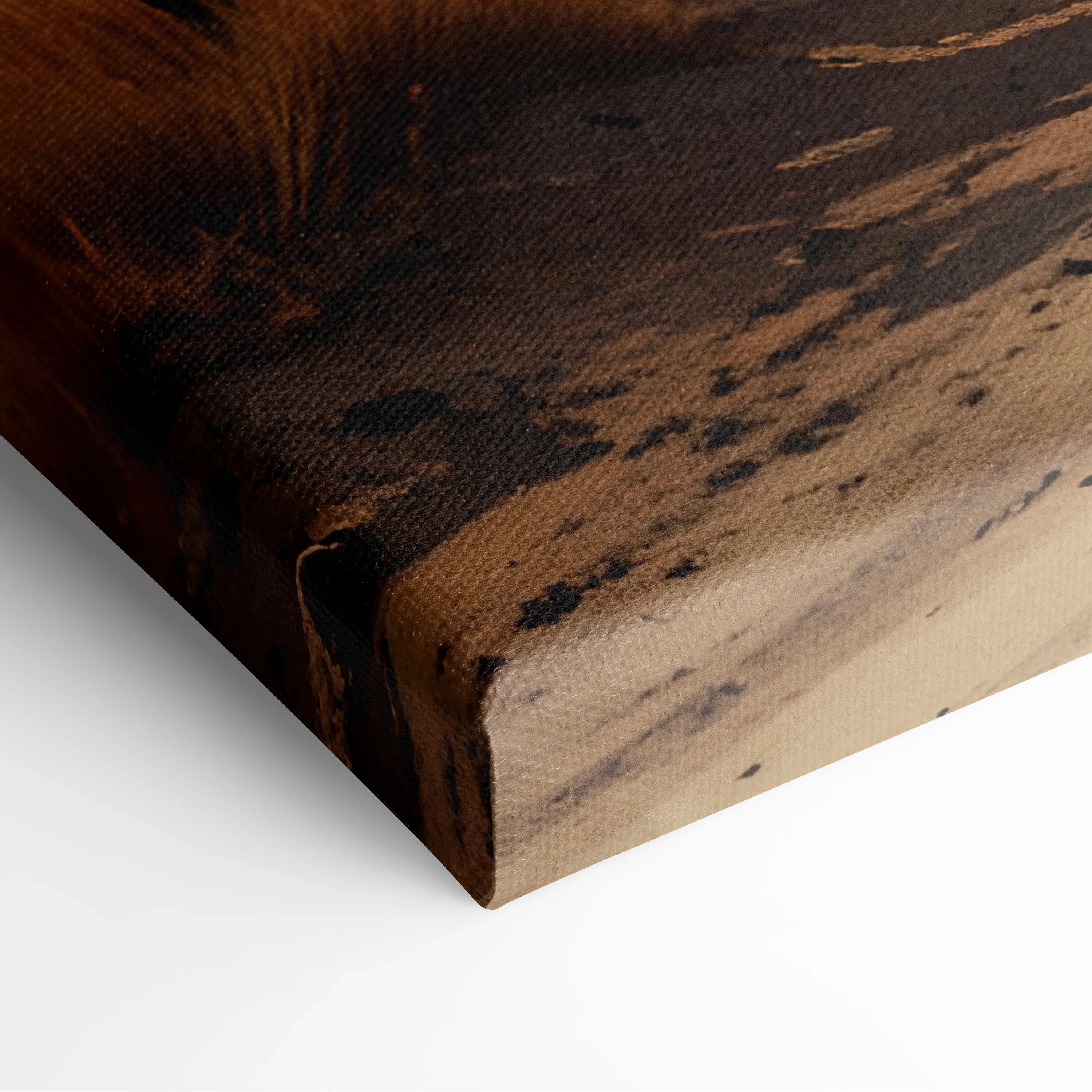 Close-up of textured nature-inspired watercolor canvas wall art corner with earthy brown tones.