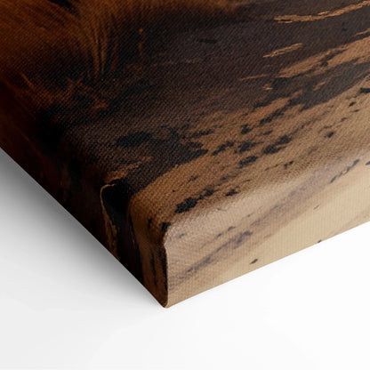 Close-up of textured nature-inspired watercolor canvas wall art corner with earthy brown tones.