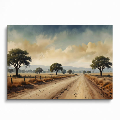 Watercolor nature landscape poster featuring a dirt road flanked by trees under a cloudy sky wall art.