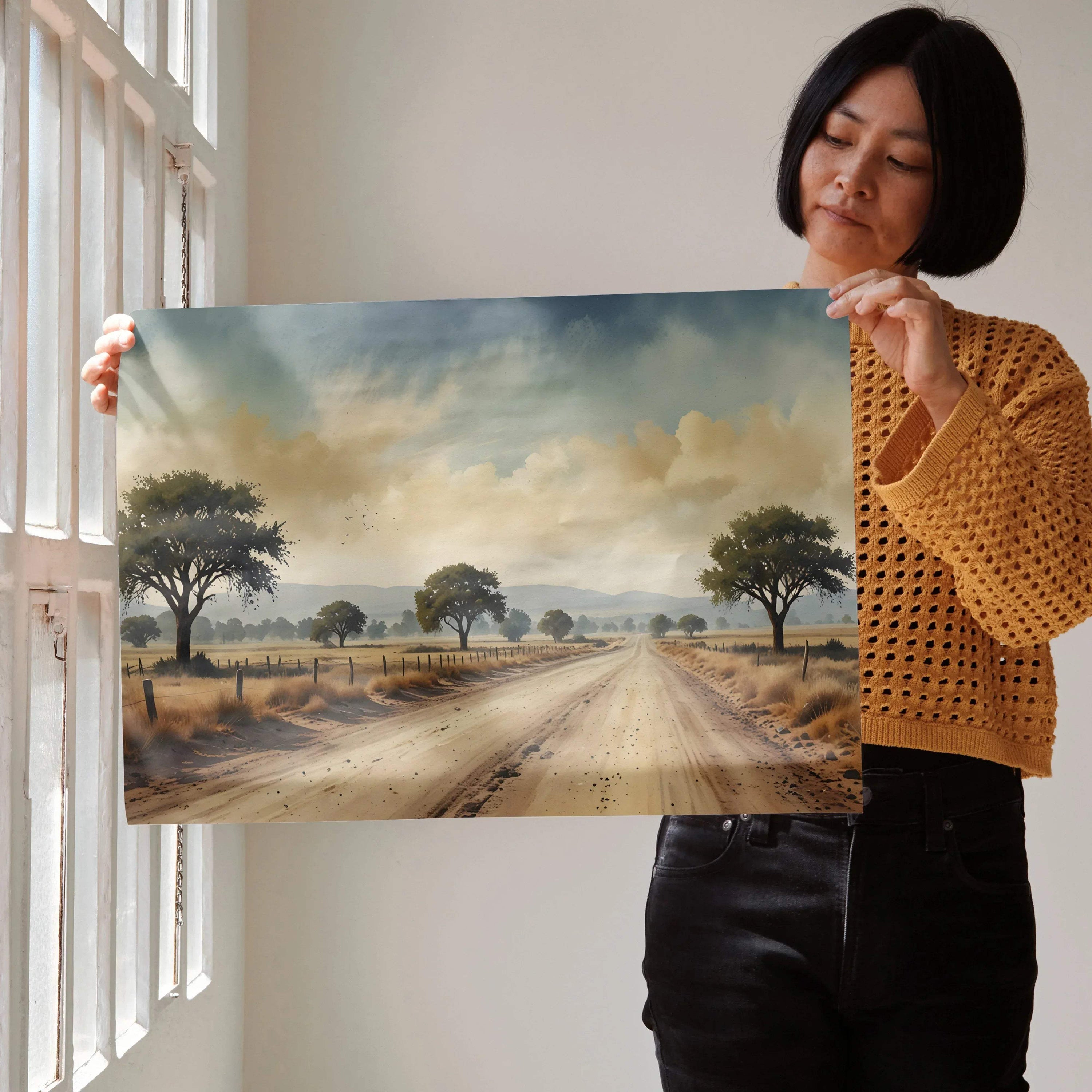 Watercolor poster of a dirt road lined with trees under a cloudy sky, nature wall art.