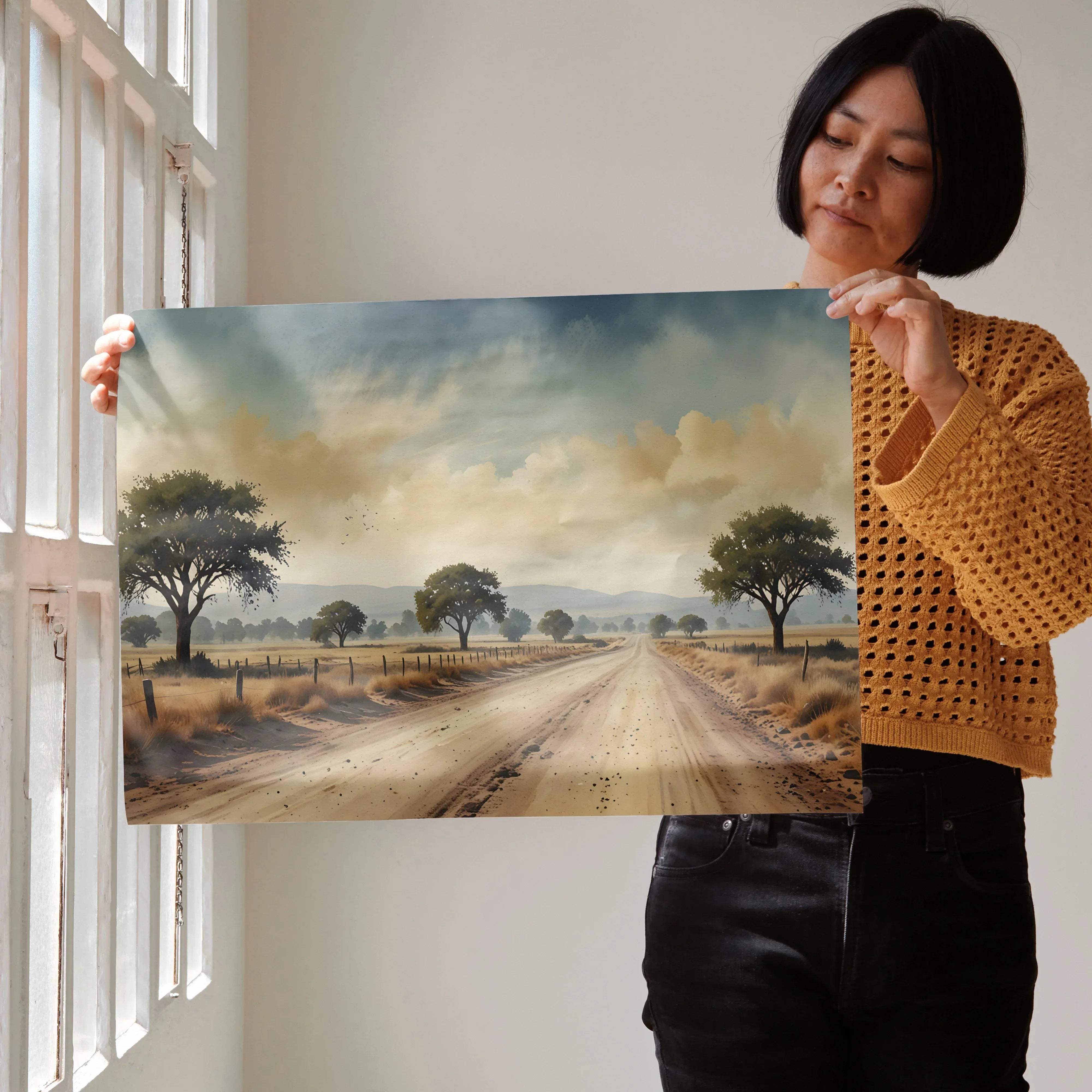 Vibrant watercolor styled nature art print poster featuring a serene rural landscape with a dirt road and trees