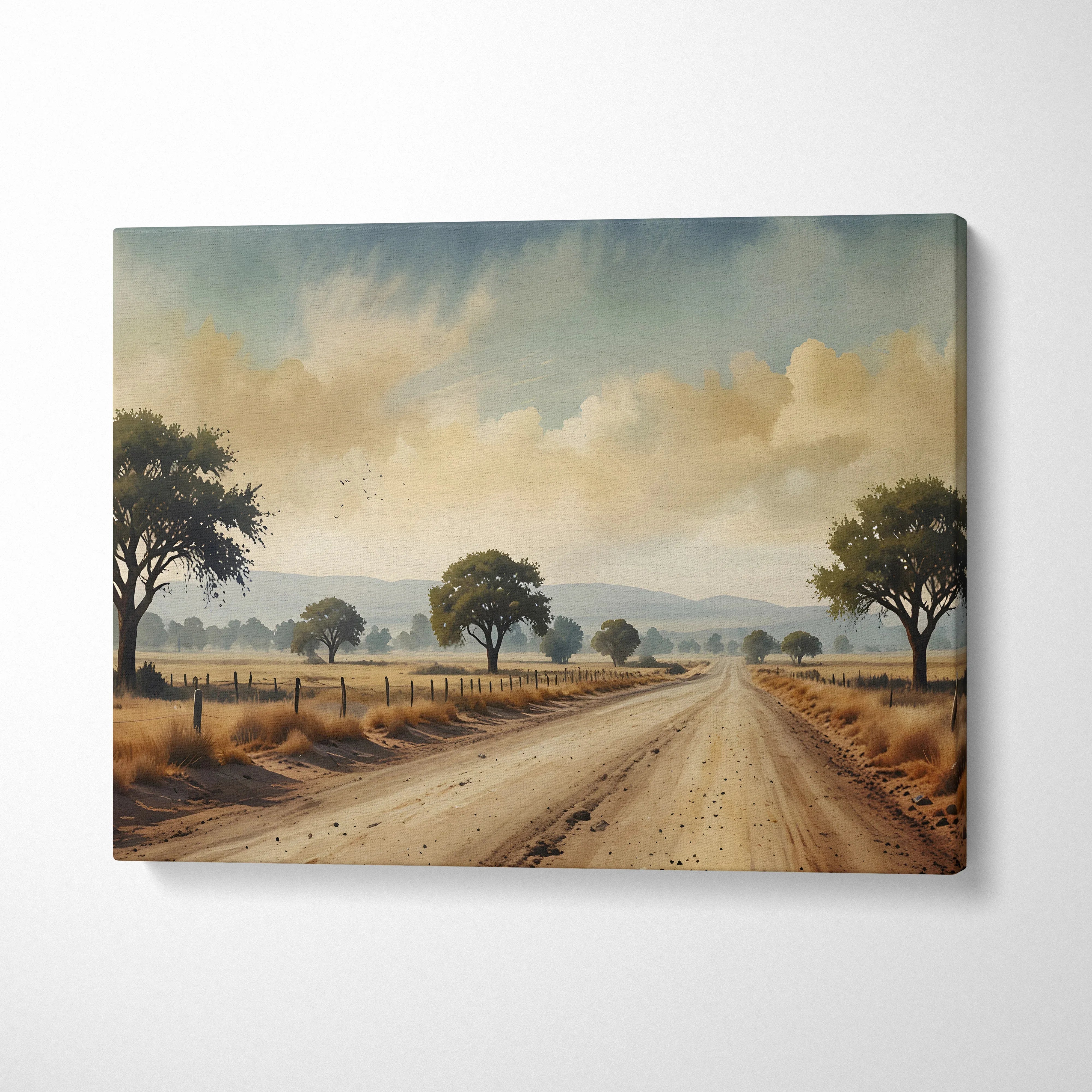 Nature landscape canvas wall art with a dirt road, trees, and soft cloudy sky in watercolor style.