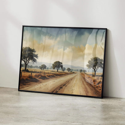 Vibrant watercolor nature poster depicting a rural dirt road with trees and cloudy sky, framed wall art.