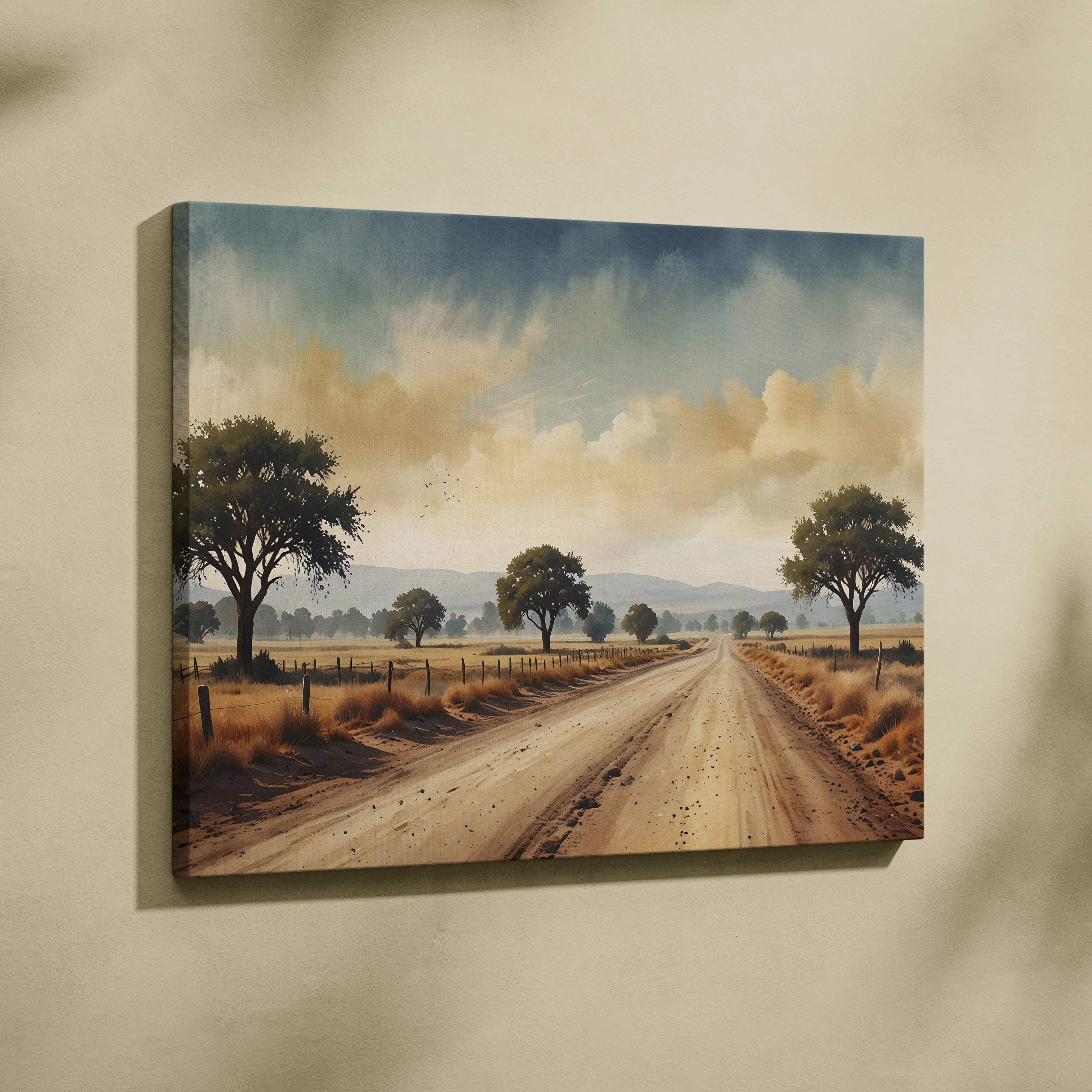 A rustic canvas wall art depicting a pastoral dirt road with trees under a soft cloudy sky in warm golden hour light