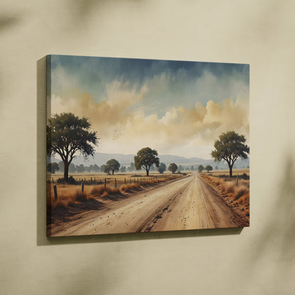 Nature-themed canvas wall art featuring a watercolor dirt road flanked by trees under a cloudy sky.
