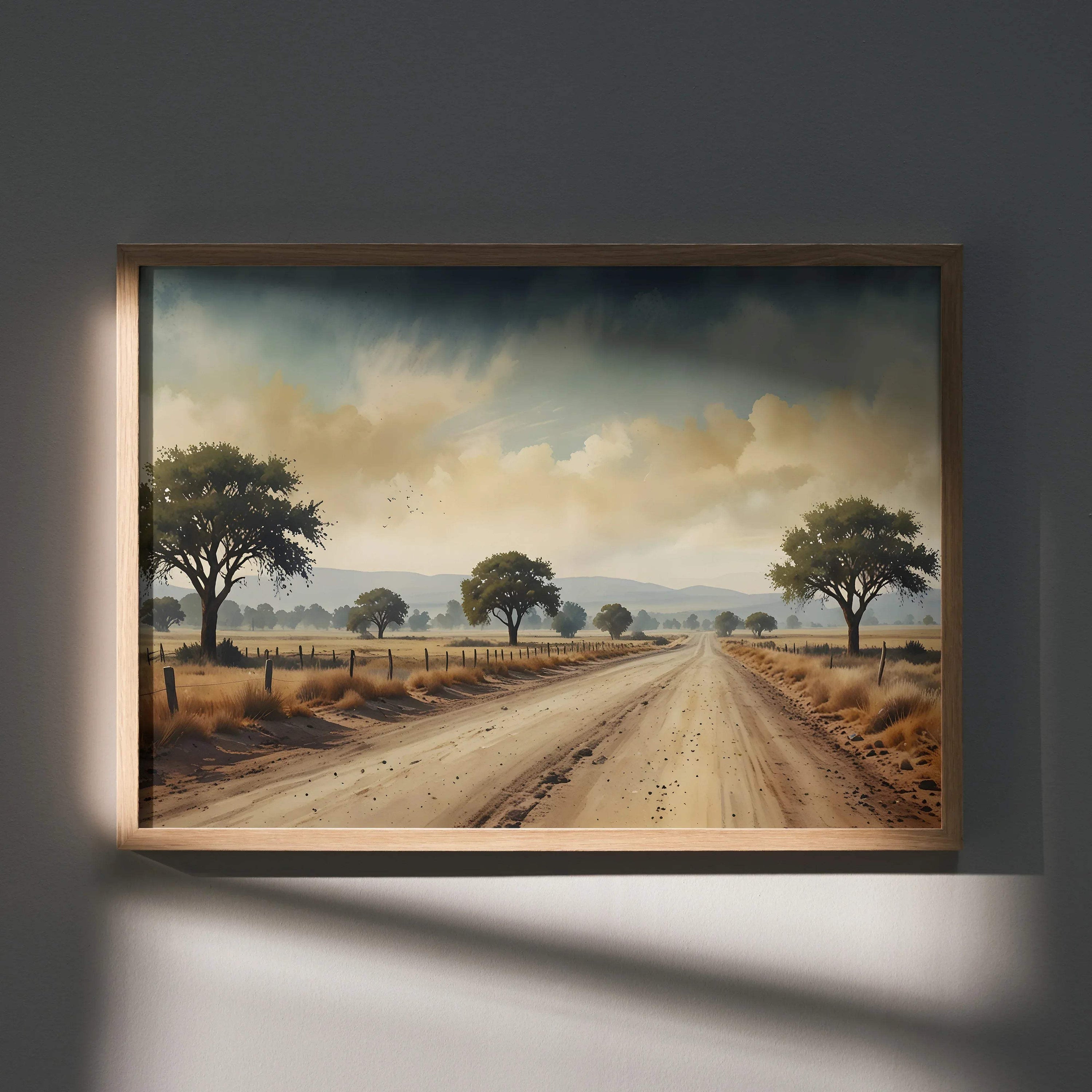 Nature watercolor poster with dirt road and trees, vibrant landscape wall art in wooden frame.
