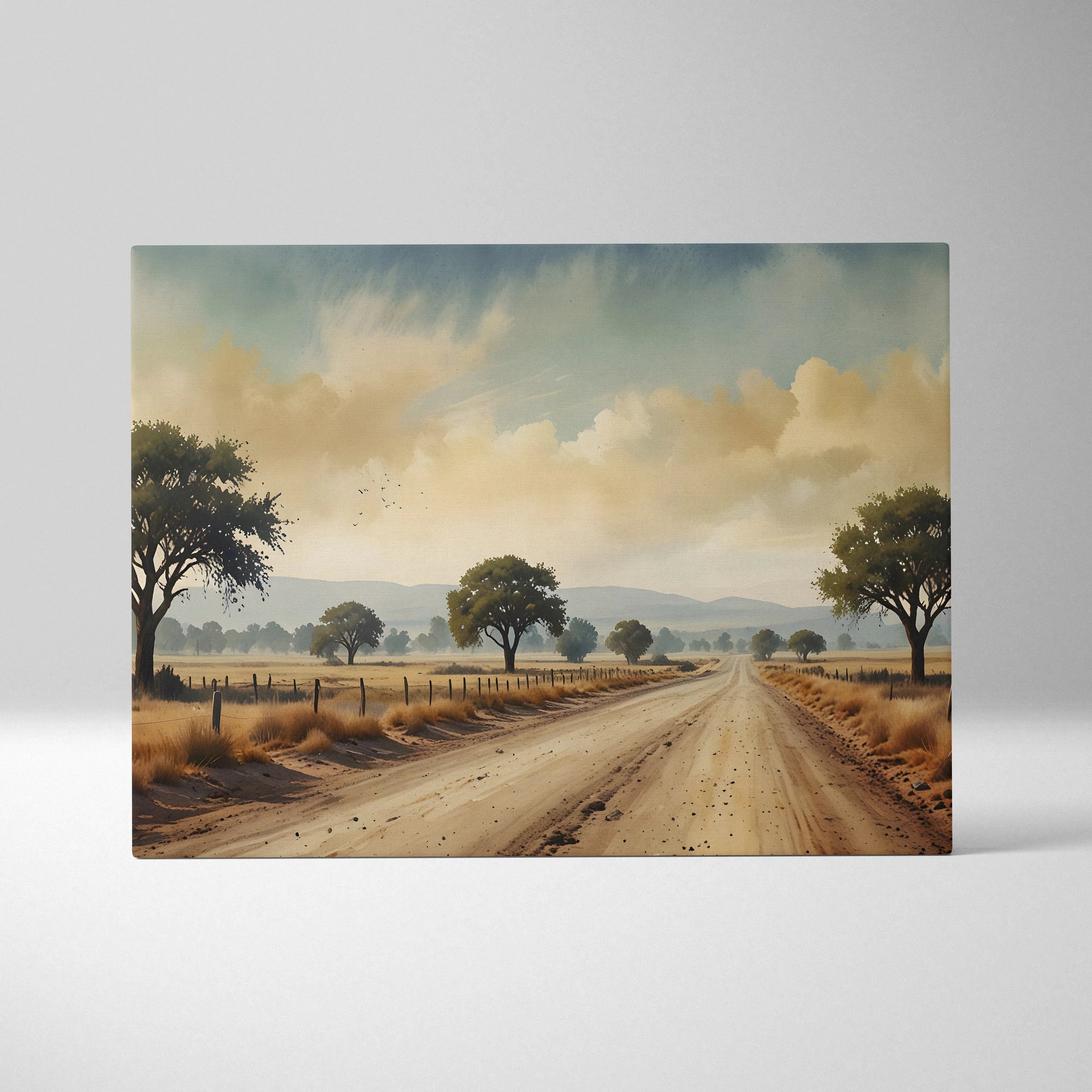 Nature landscape canvas wall art featuring a dirt road, trees, and a cloudy sky in soft watercolor style.