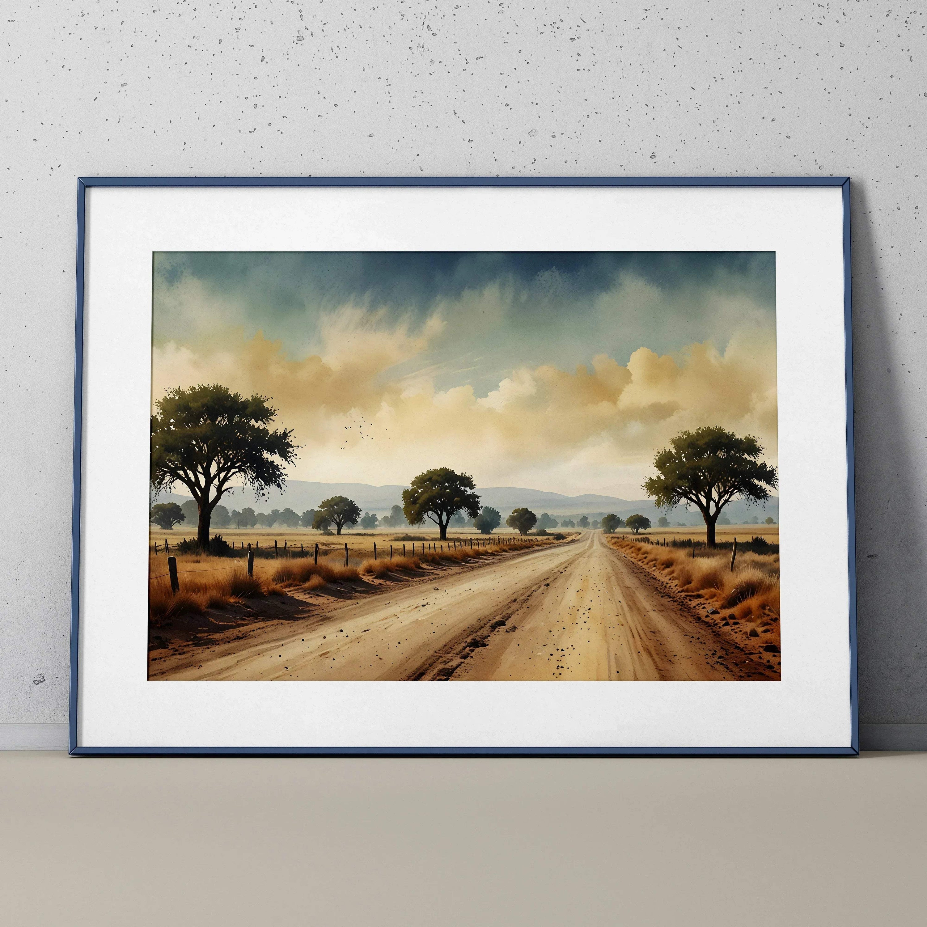 Watercolor nature poster featuring a dirt road flanked by trees and a cloudy sky wall art print.