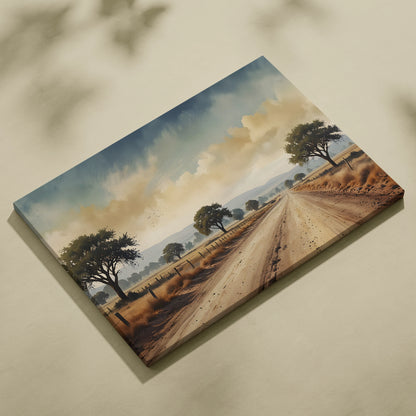 Horizontal nature canvas wall art featuring a watercolor landscape with trees and a country road under a blue sky.