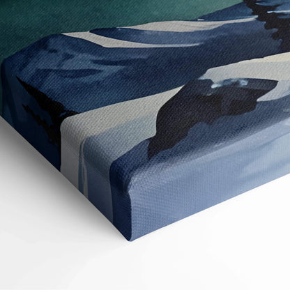 Close-up of blue and black watercolor night sky canvas wall art corner with textured canvas edges.