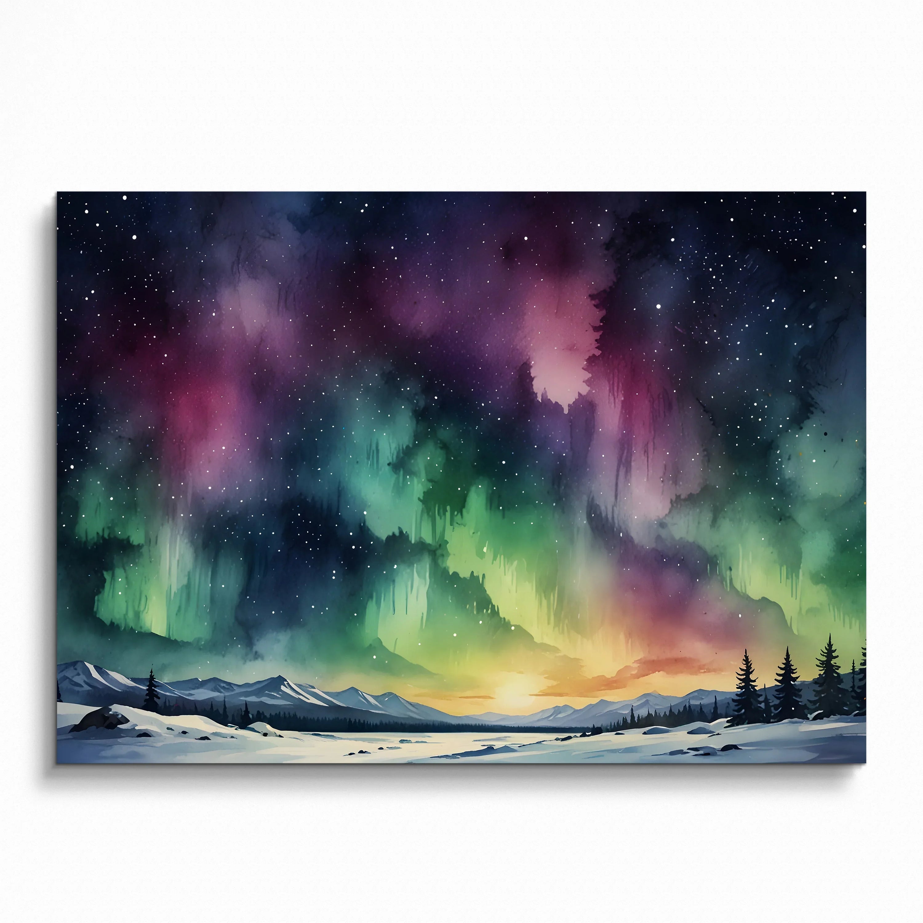 Starry night sky watercolor poster with vibrant green and purple aurora over snowy mountains wall art.